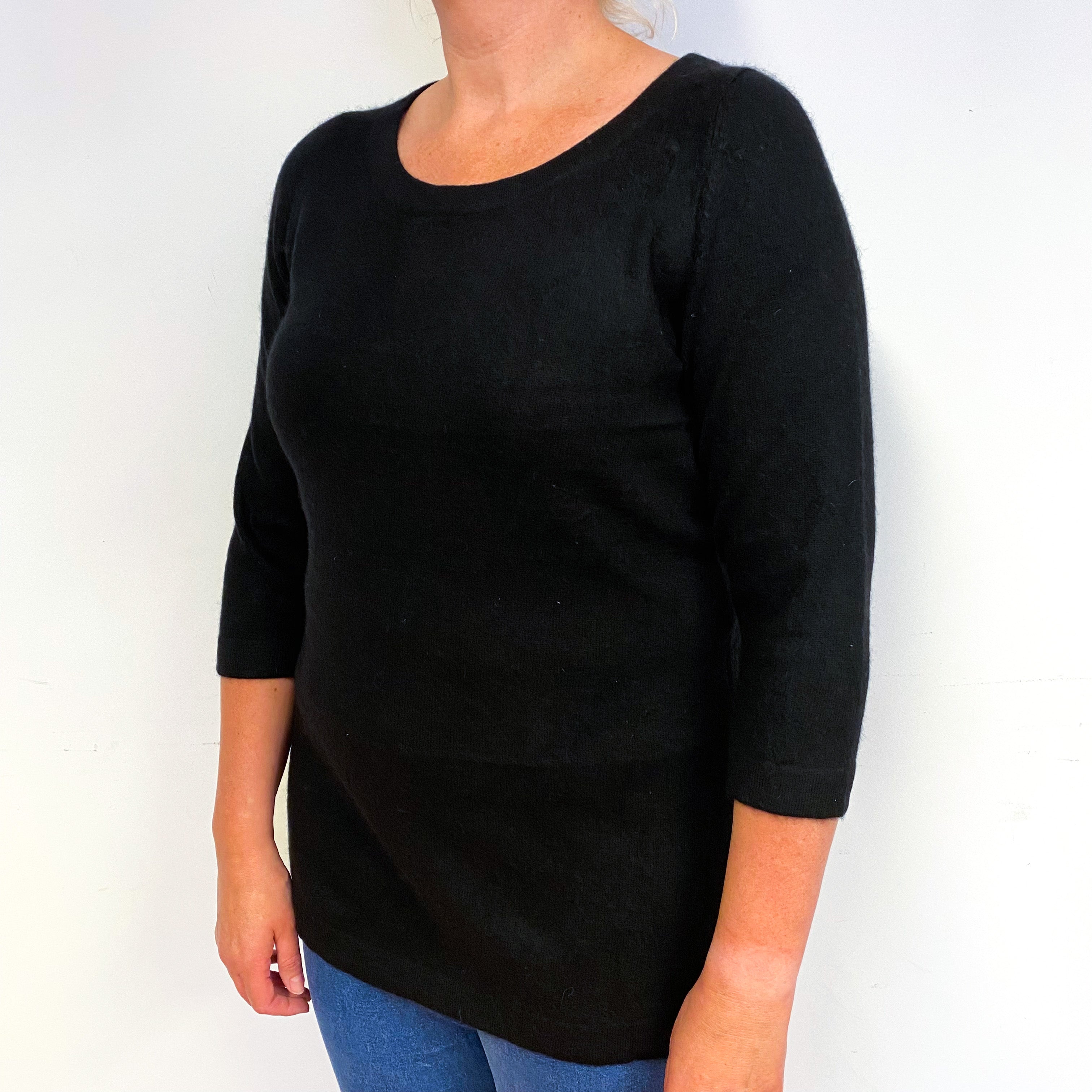 Black 3/4 Sleeve Cashmere Crew Neck Jumper Large