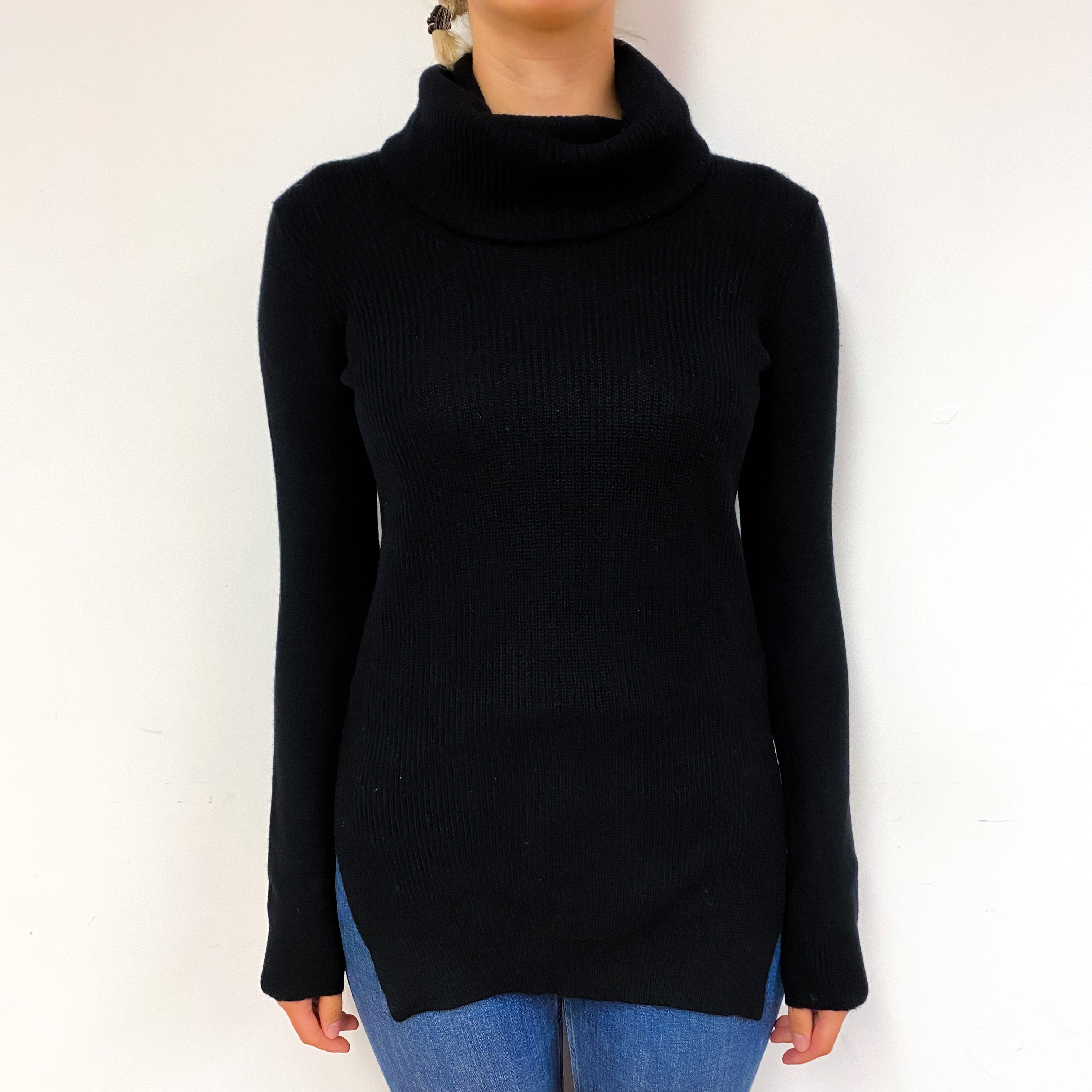 Theory Black Ribbed Cashmere Polo Neck Jumper Small