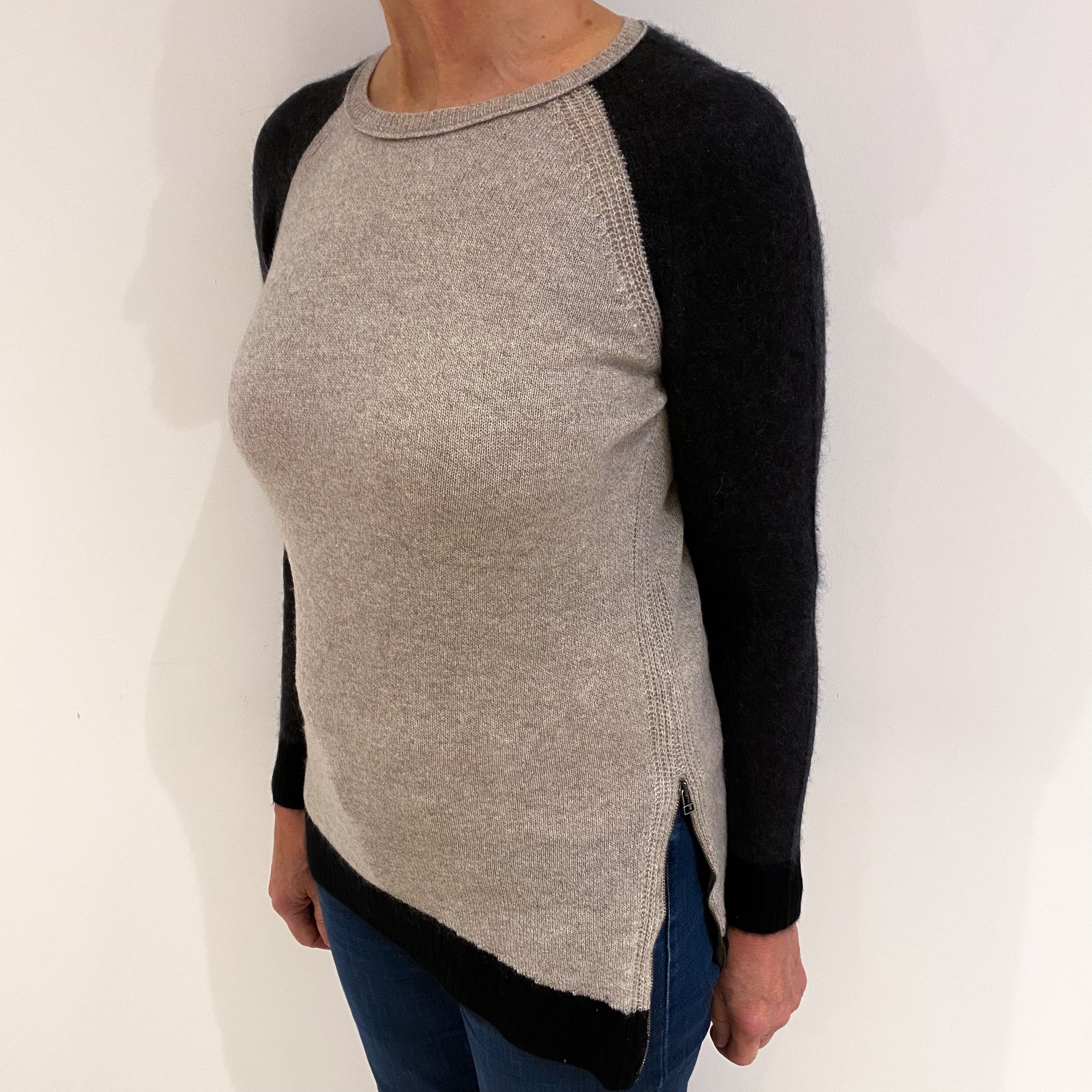 Fawn and Charcoal Cashmere Crew Neck Jumper Medium