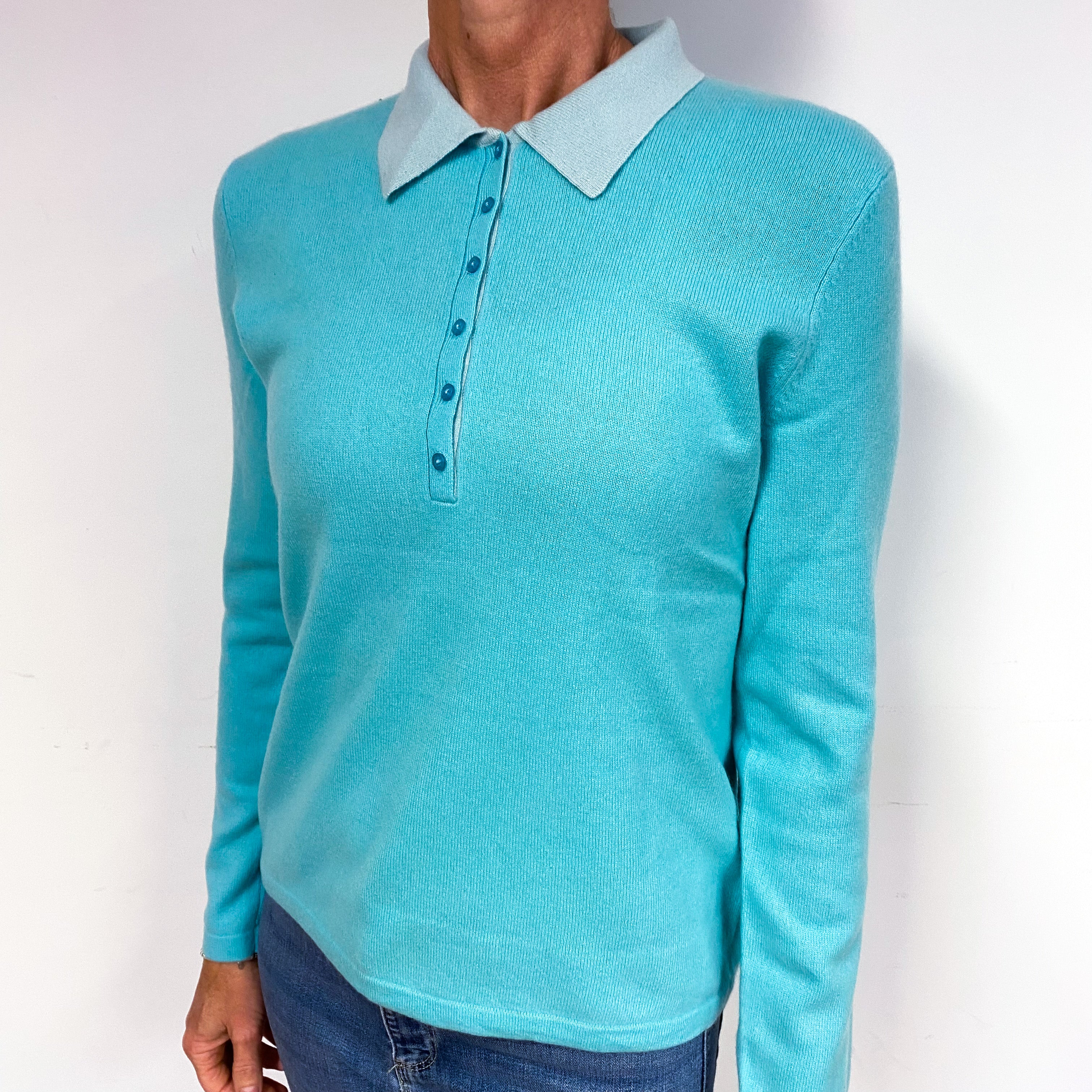 Pale Turquoise Cashmere Buttoned Jumper with Collar Medium