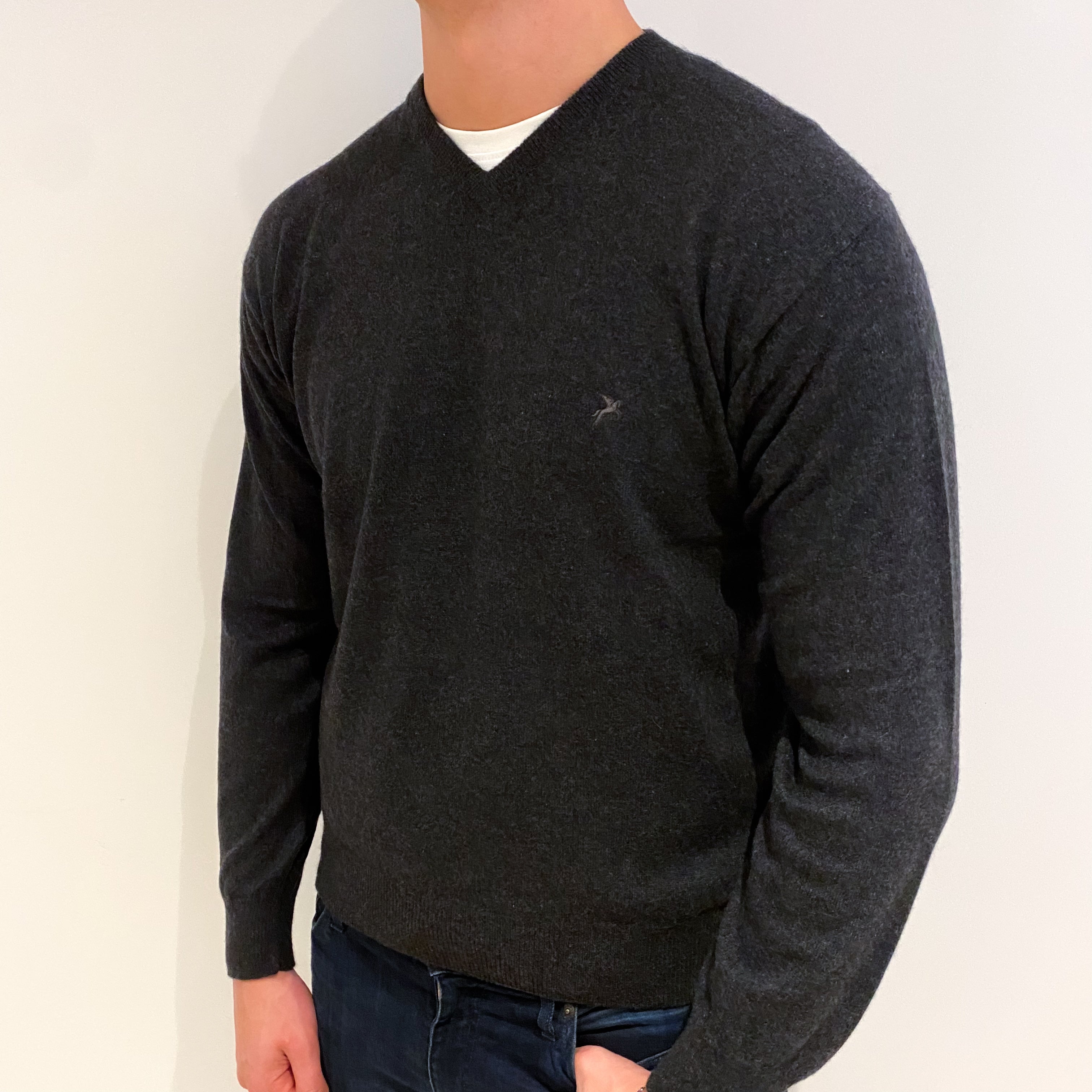Men's Charcoal Grey Cashmere V Neck Jumper XL