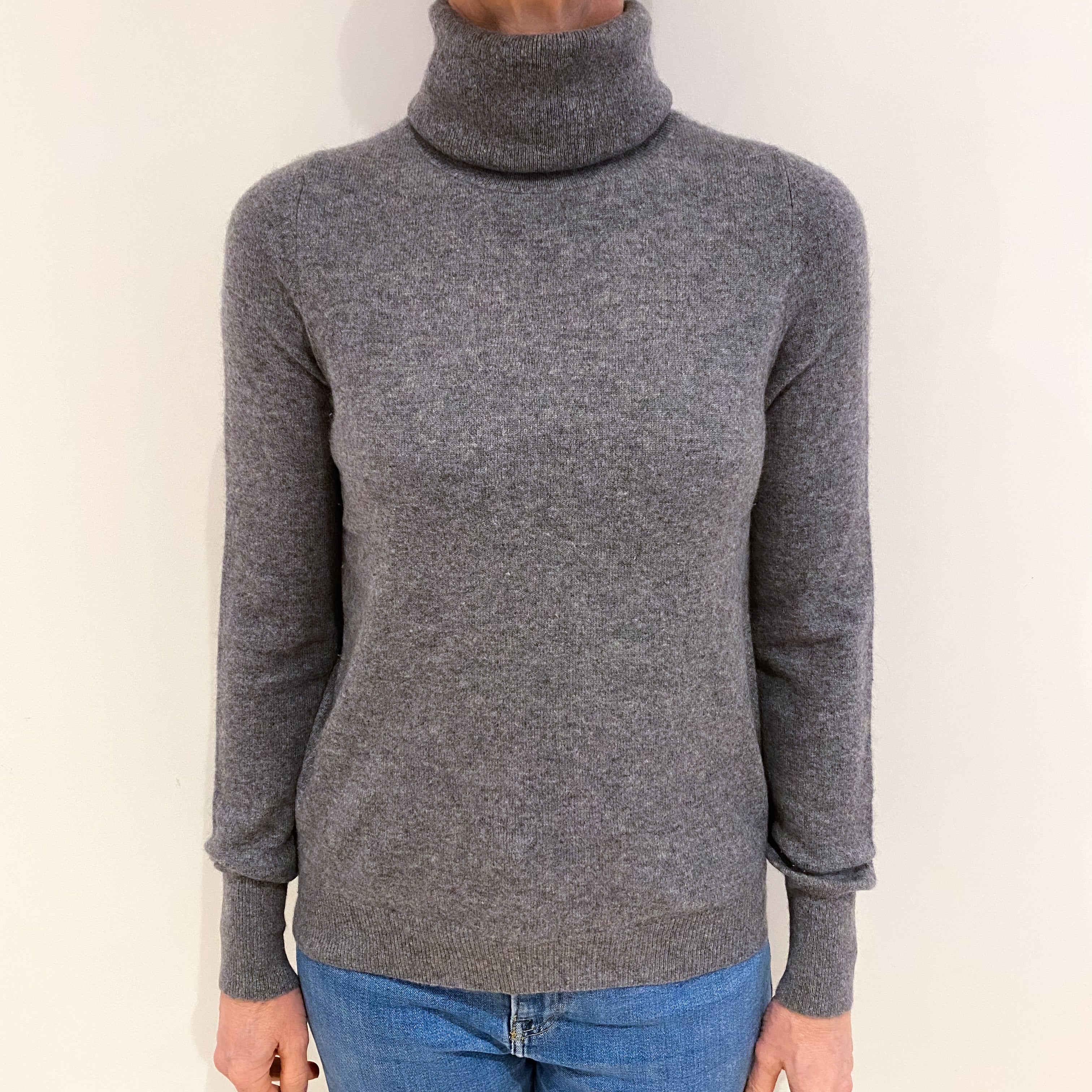 Jaeger Ash Grey Cashmere Polo Neck Jumper Small