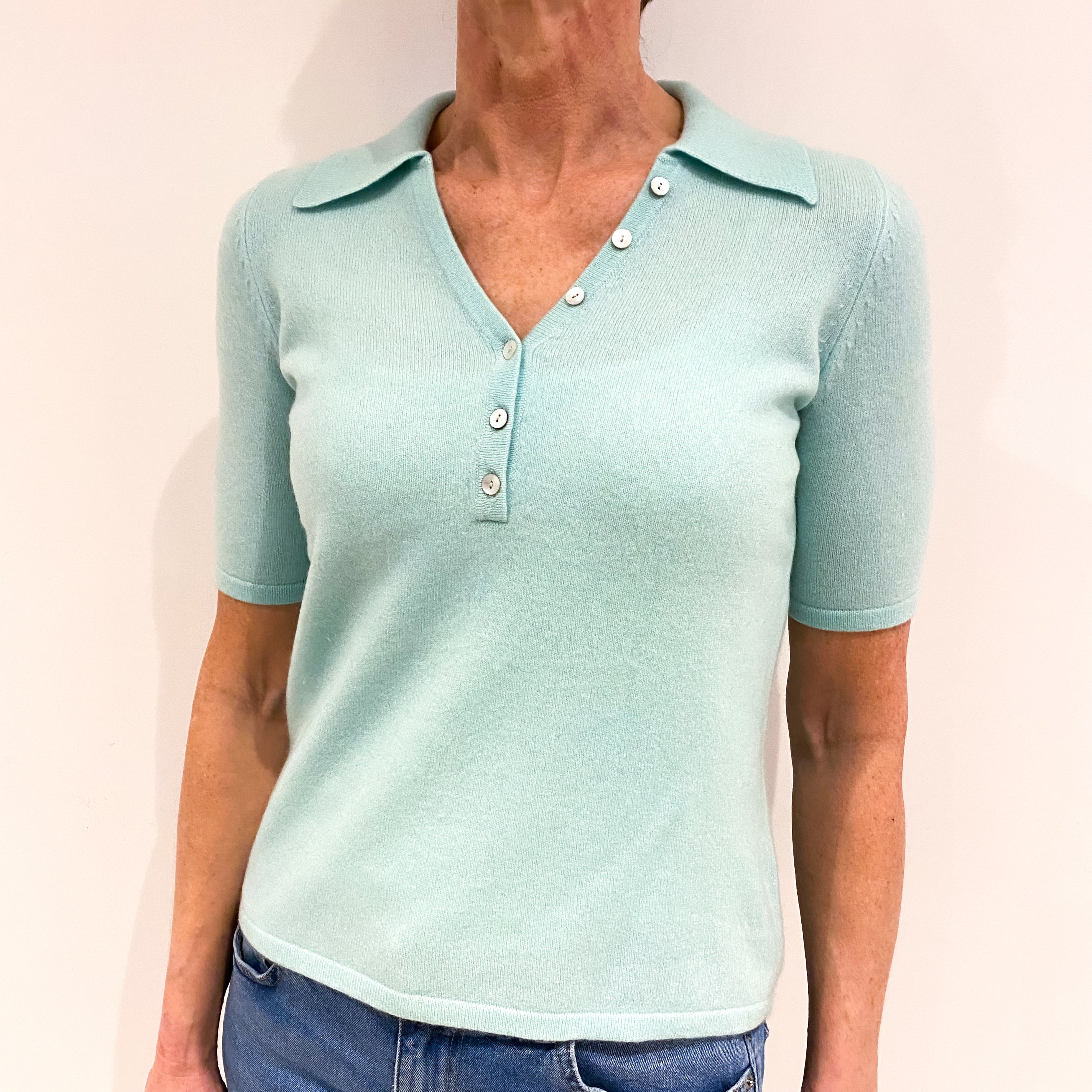 Deep Mint Blue Cashmere Collared V Neck Short Sleeved Jumper Small