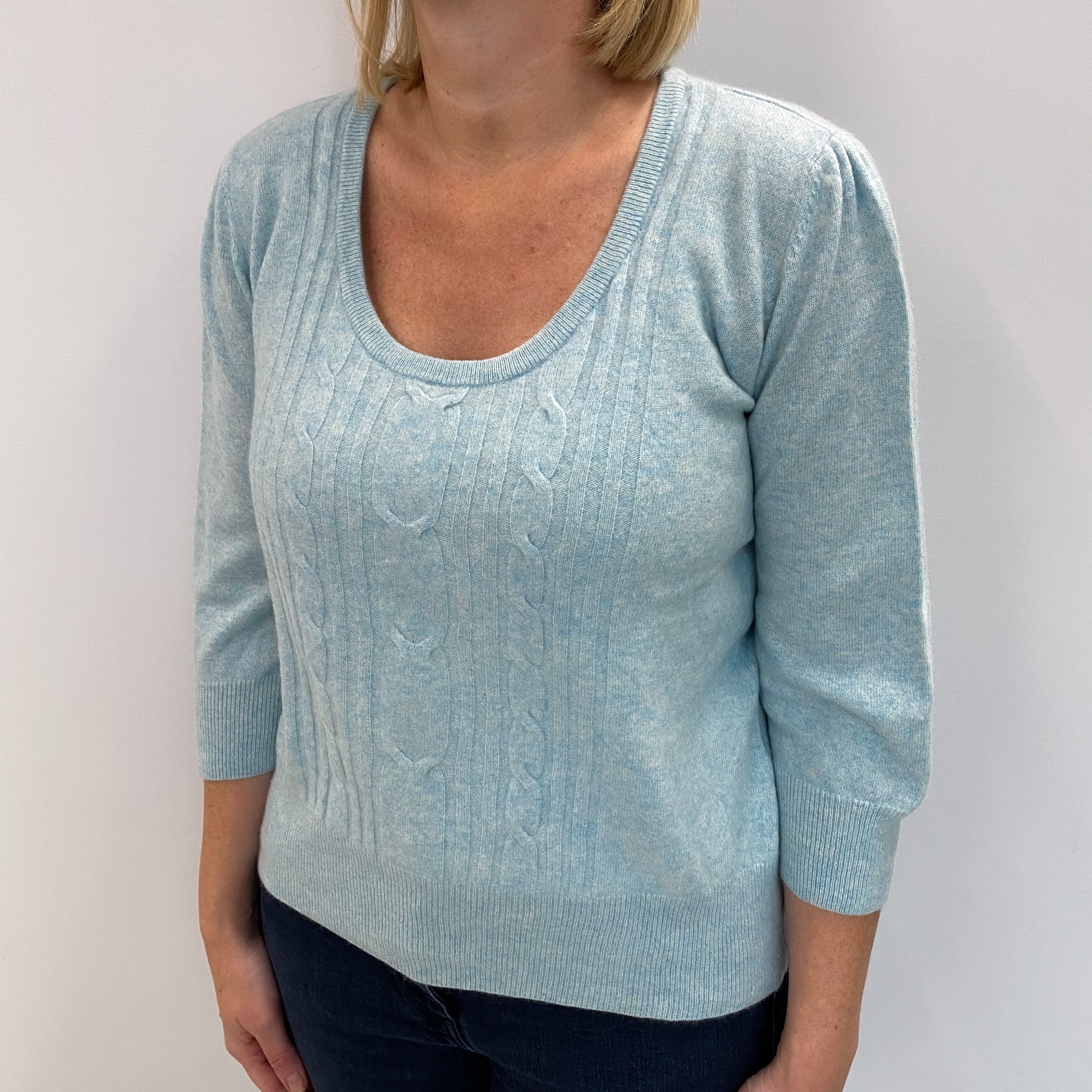 Opal Blue Cashmere Scoop Neck Cable Knit Jumper Large