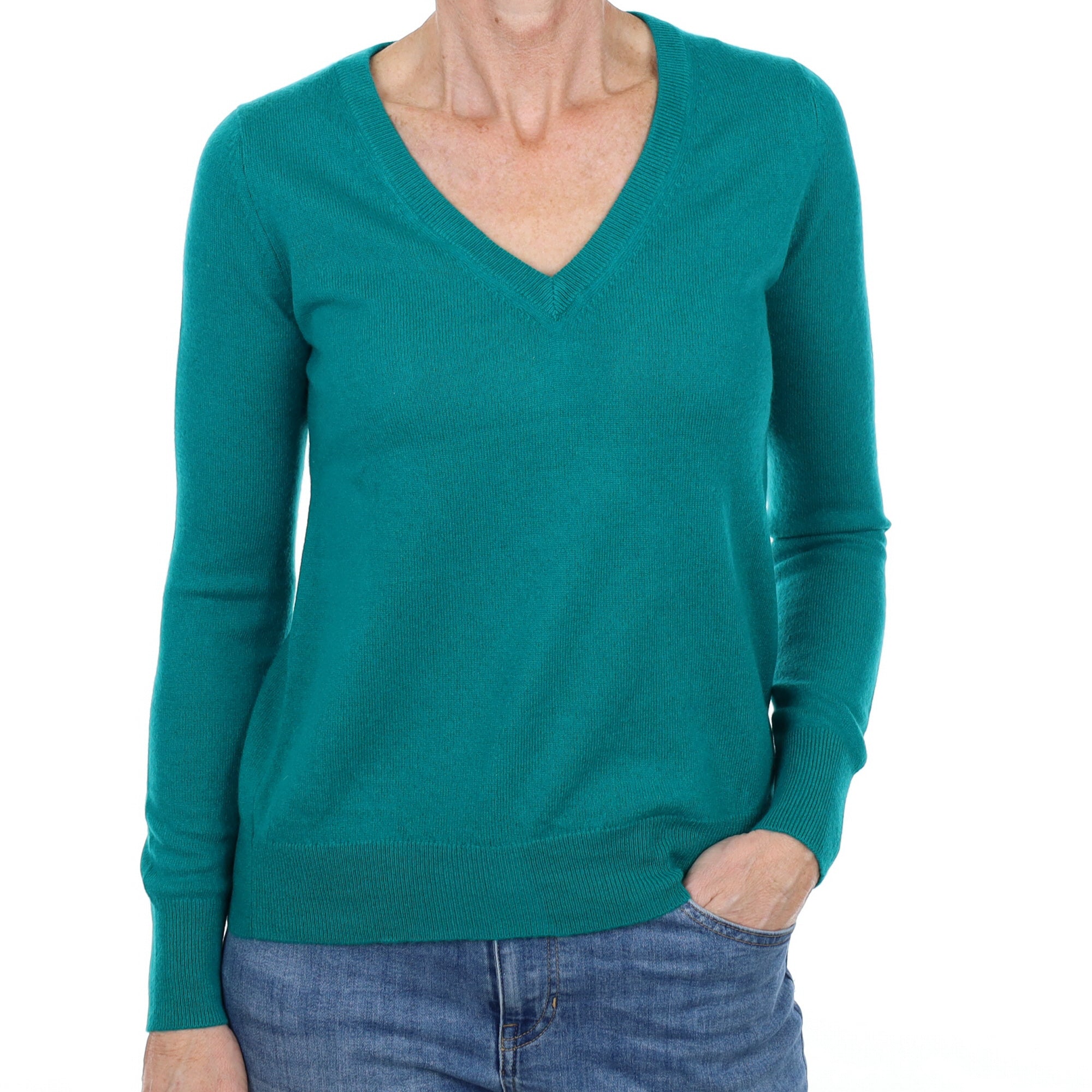 Dark Cyan Green Cashmere V Neck Jumper Small