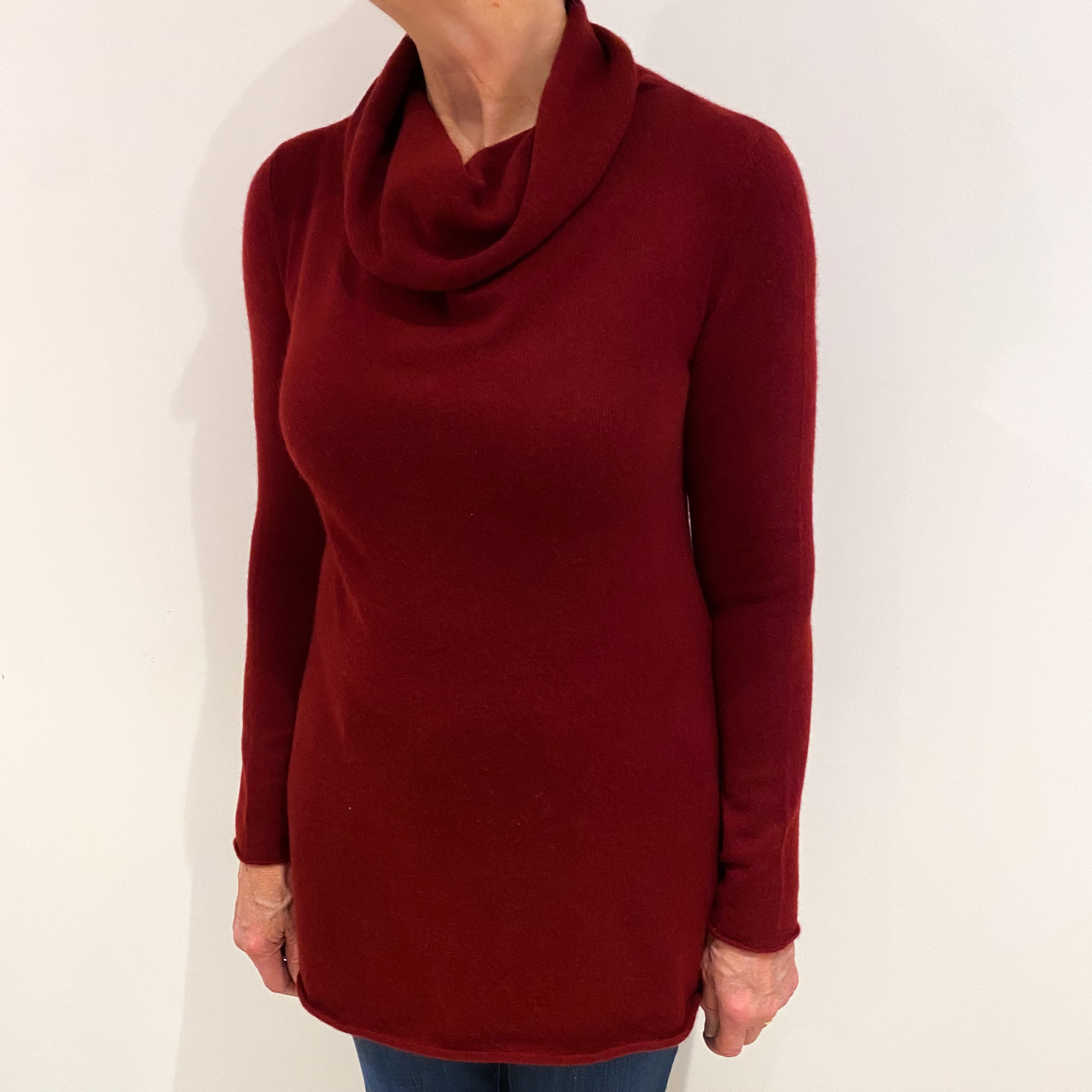 Maroon Red Cashmere Cowl Neck Tunic Jumper Medium