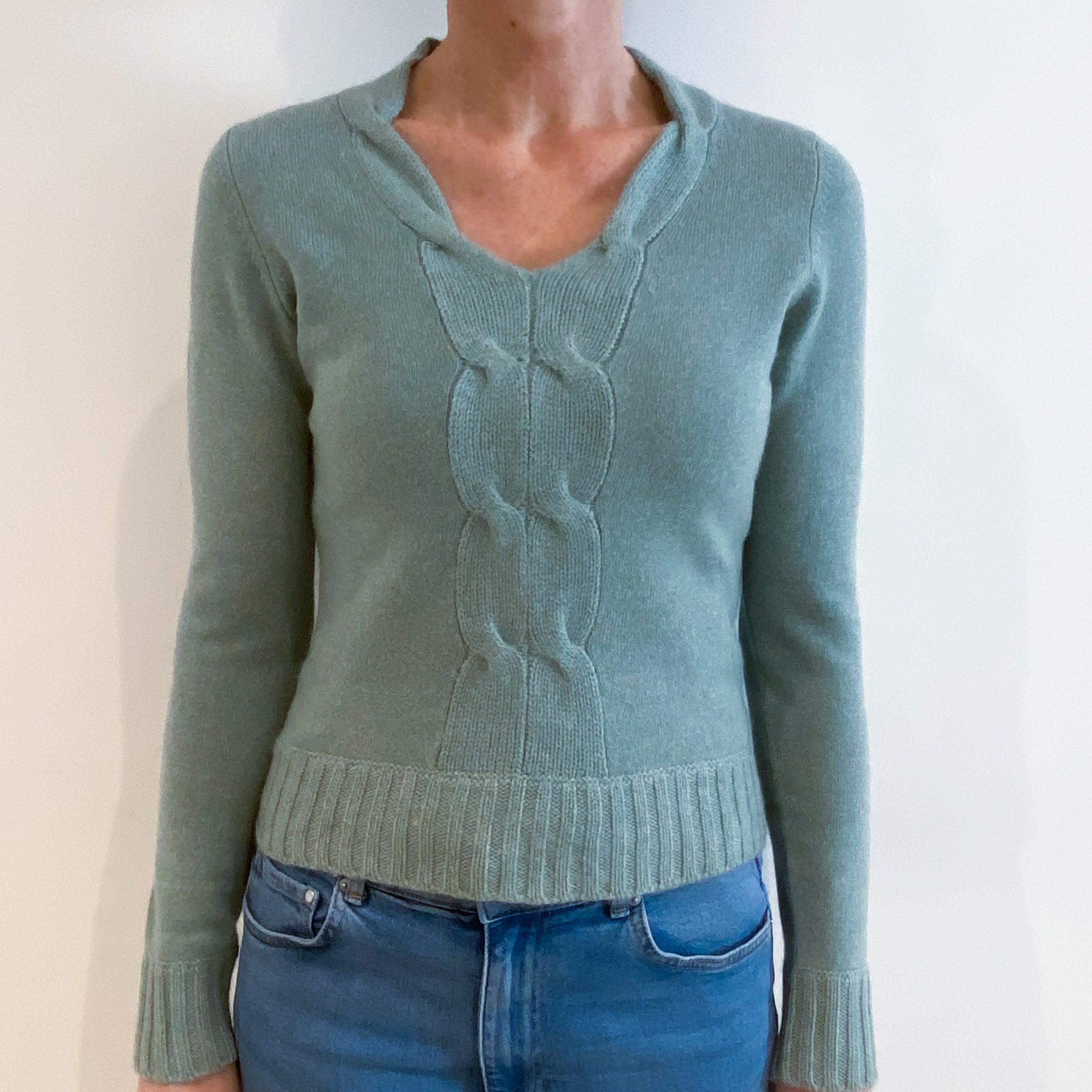 Light Sea Foam Green Cashmere V Neck Jumper Small