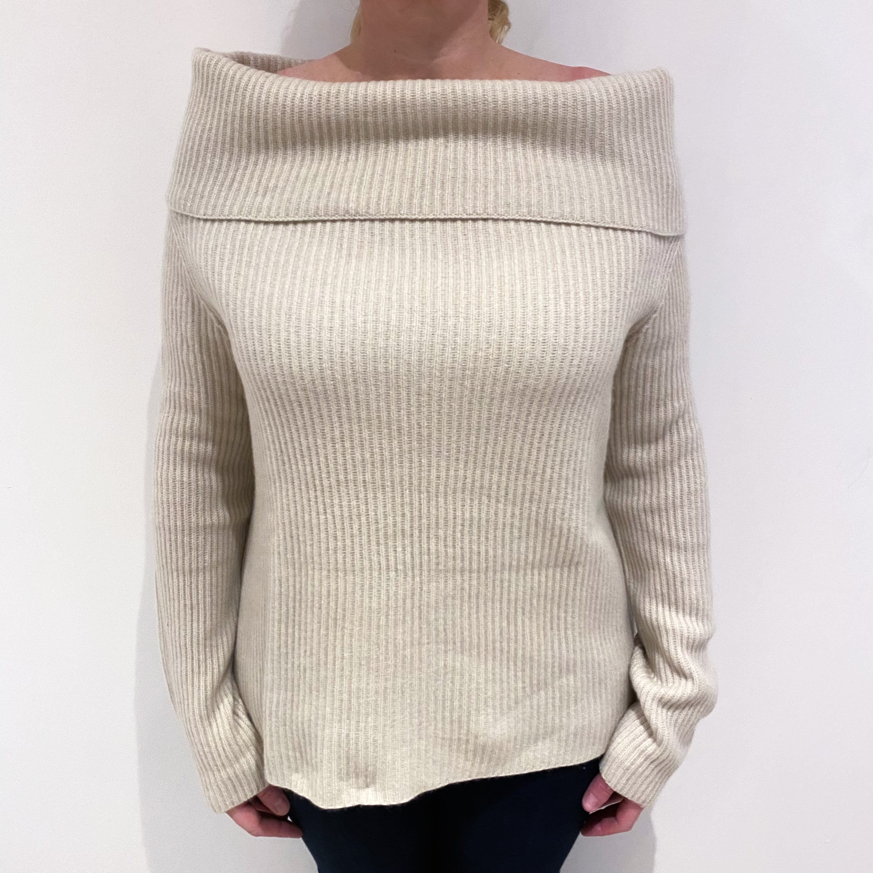 Oatmeal Beige Cashmere Off The Shoulder Jumper Large