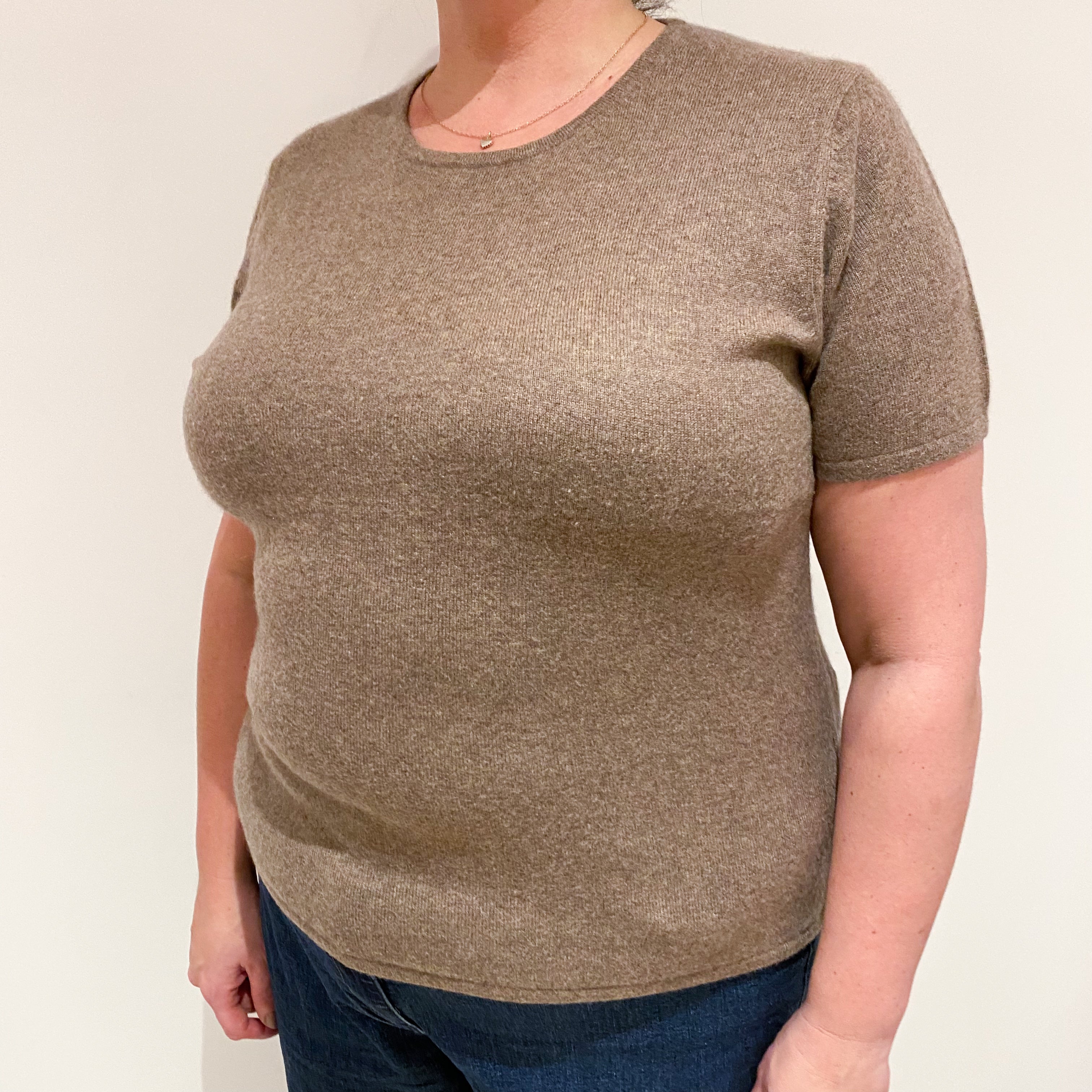 Mocha Brown Short Sleeved Cashmere Crew Neck Jumper Extra Large
