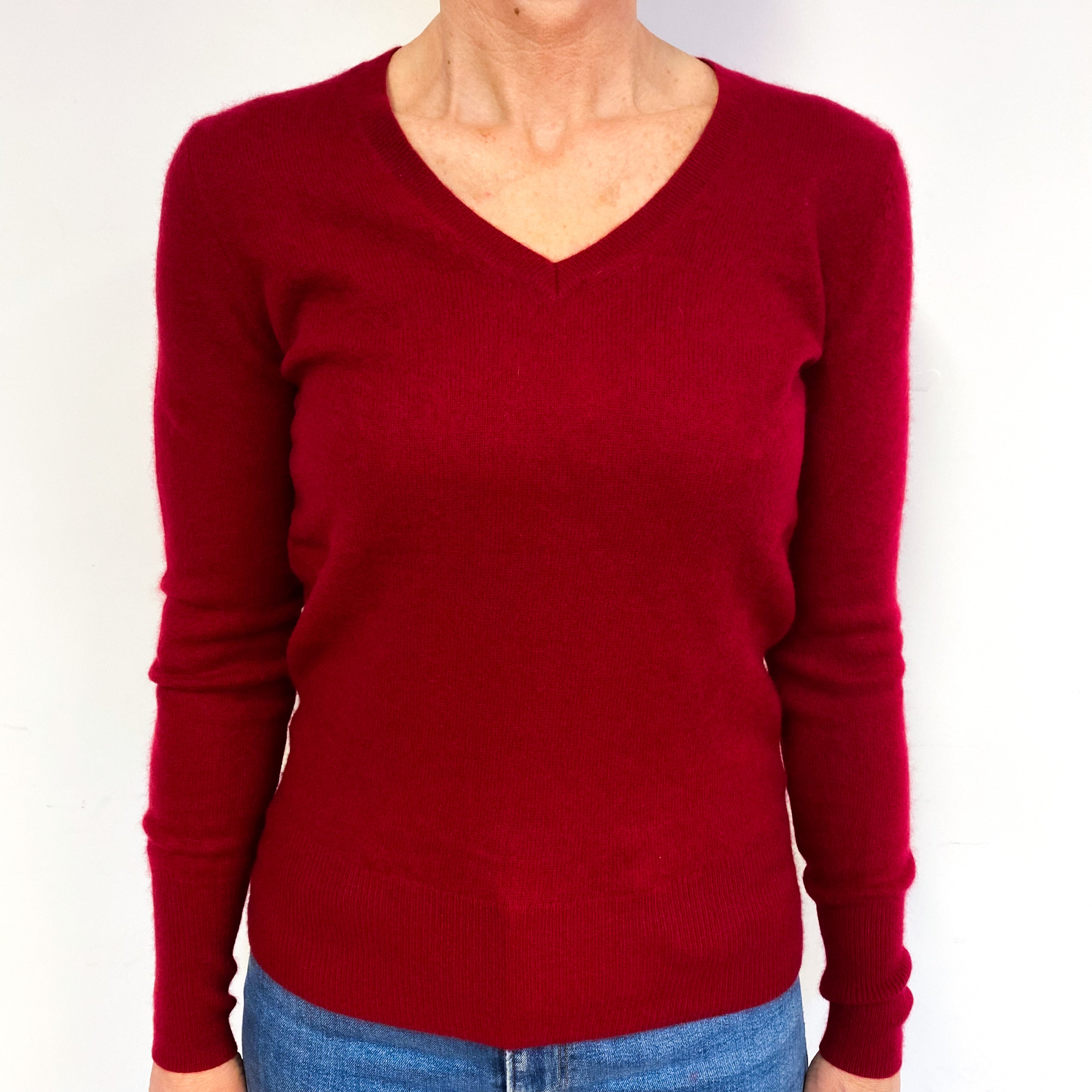 Crimson Red Cashmere V-Neck Jumper Medium