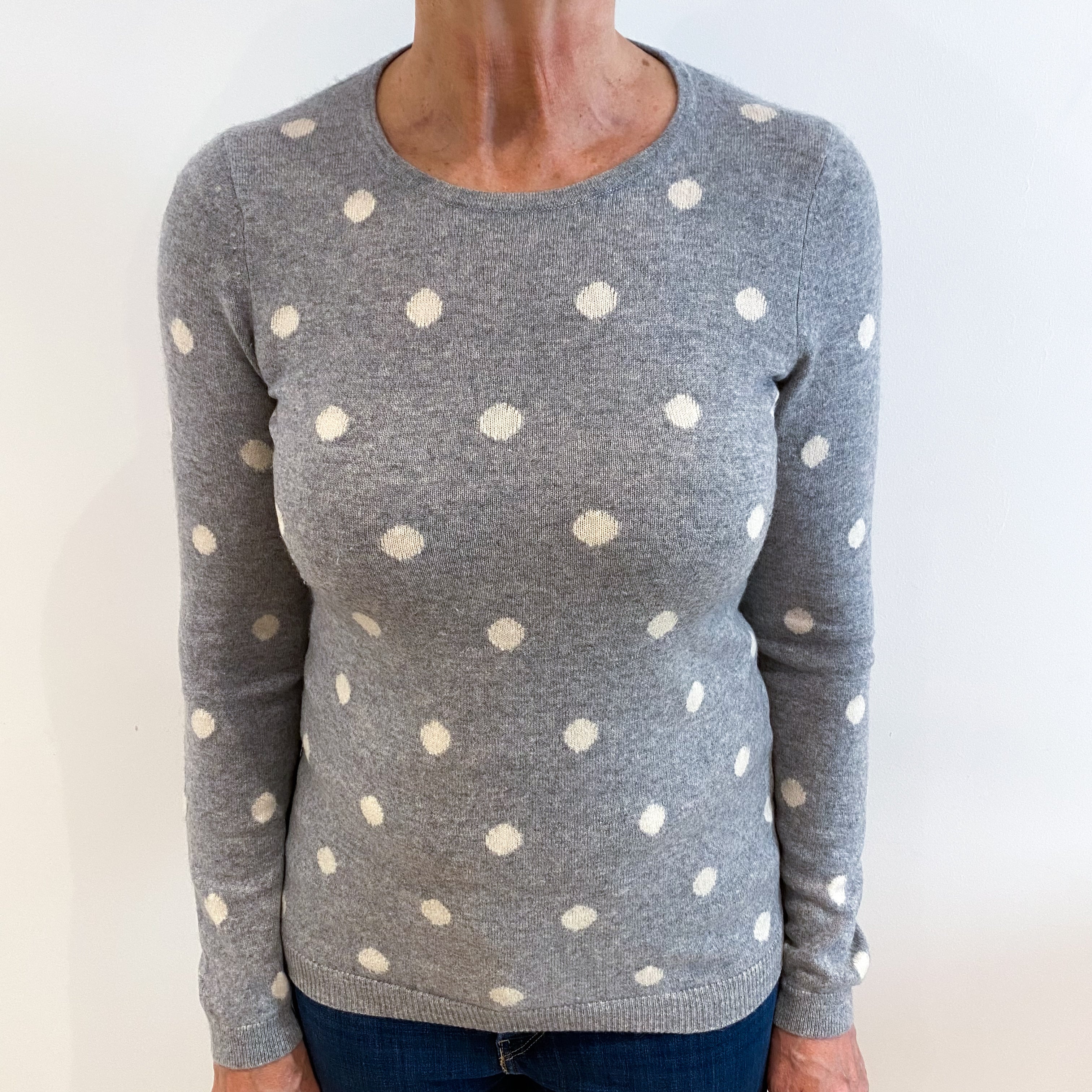 Smoke Grey and Cream Polkadot Cashmere Crew Neck Jumper Medium