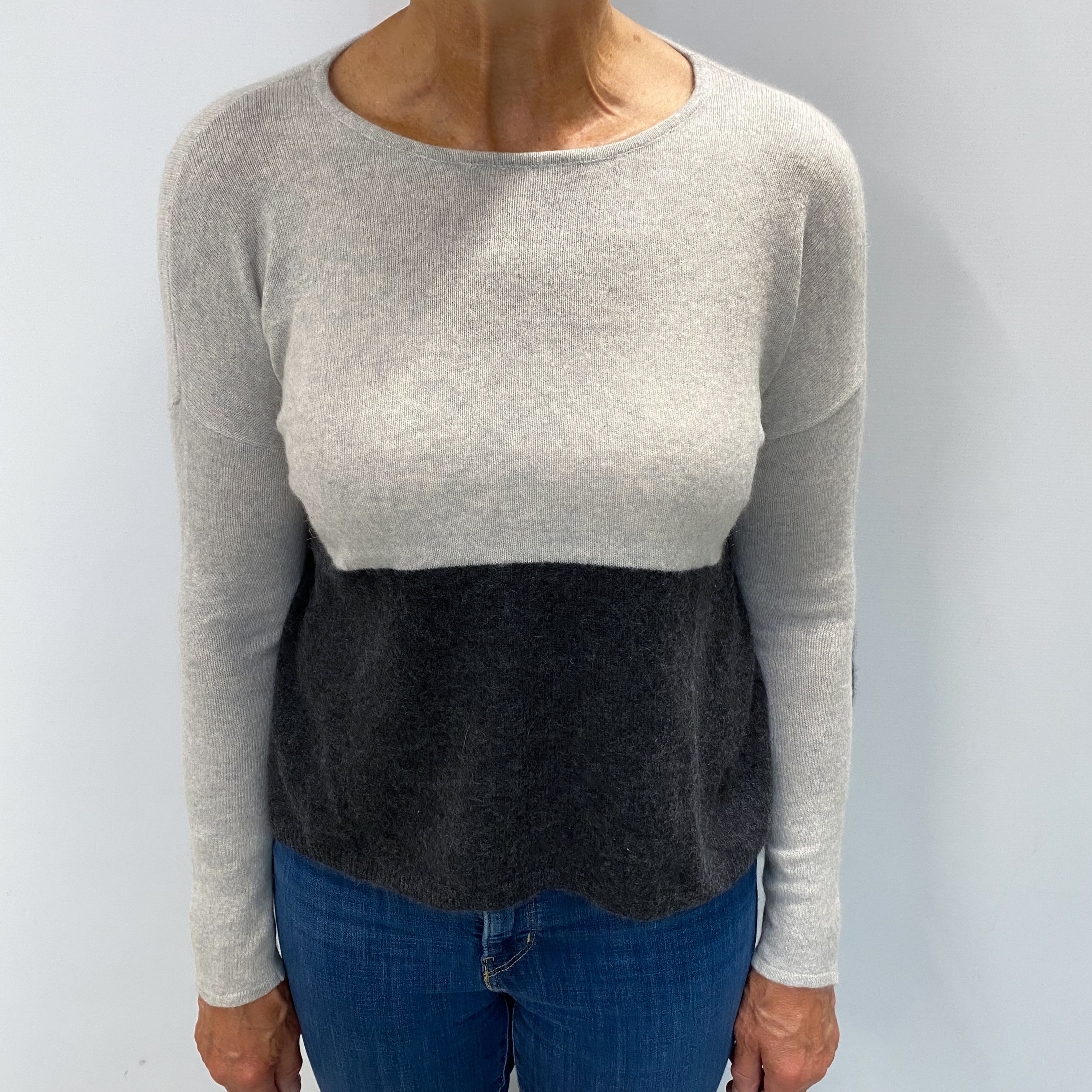 Smoke Grey and Ash Grey Contrast Cashmere Crew Neck Jumper Medium