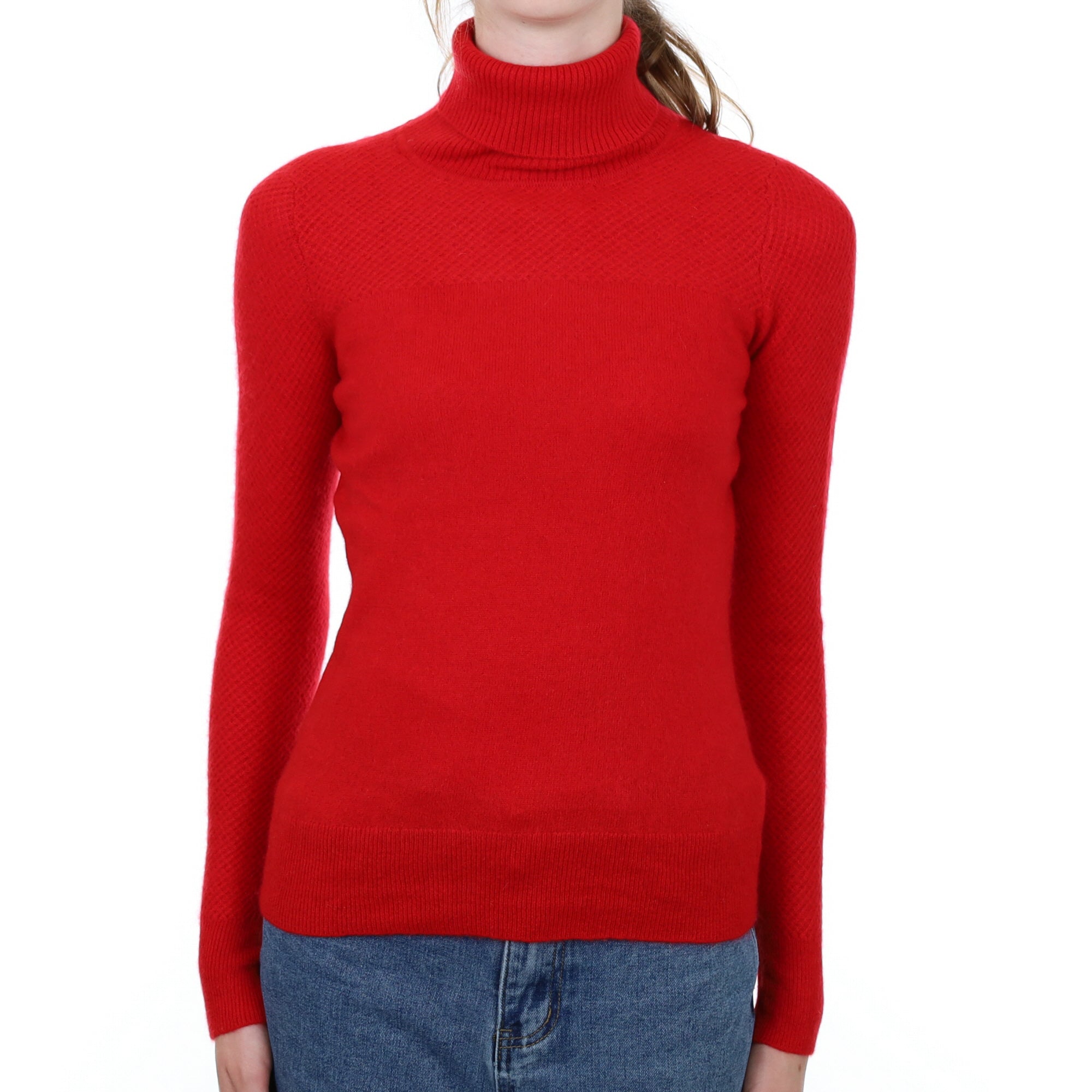 Scarlet Red Textured Cashmere Polo Neck Jumper Extra Small
