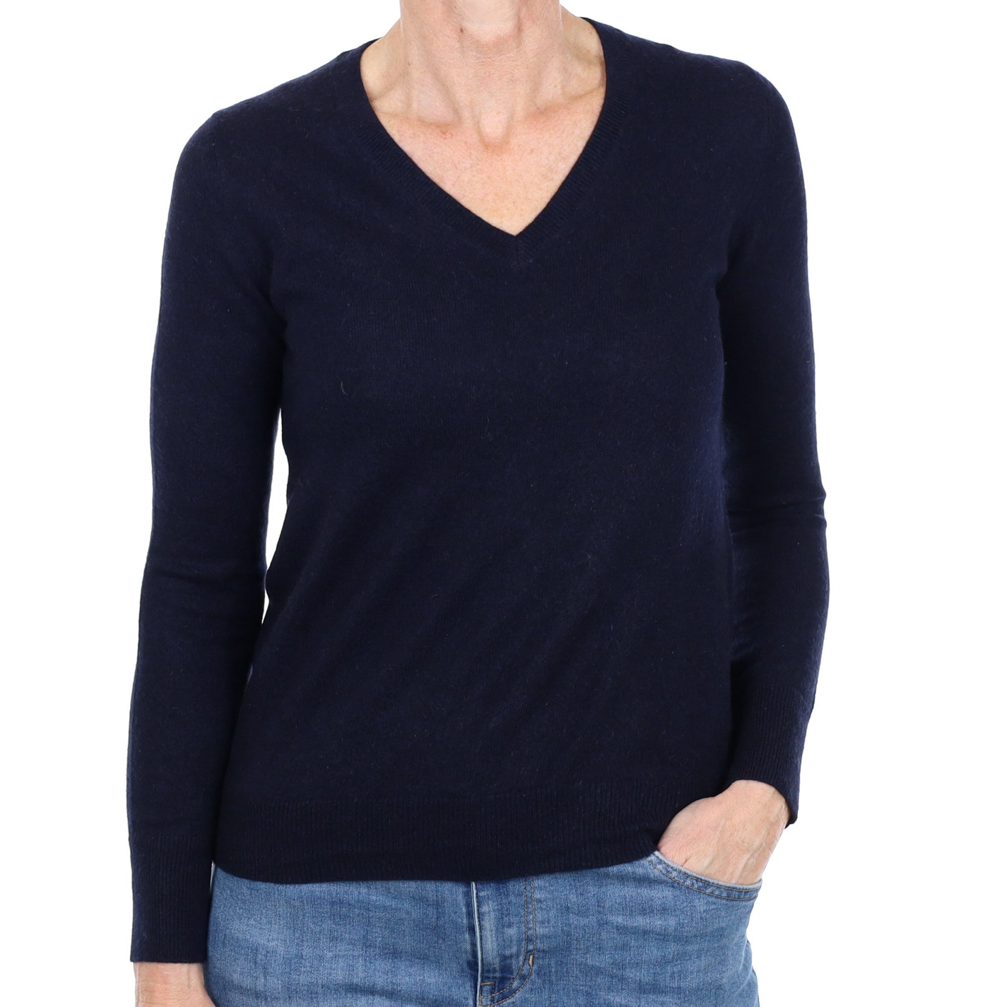 Navy Blue Cashmere V Neck Jumper Small