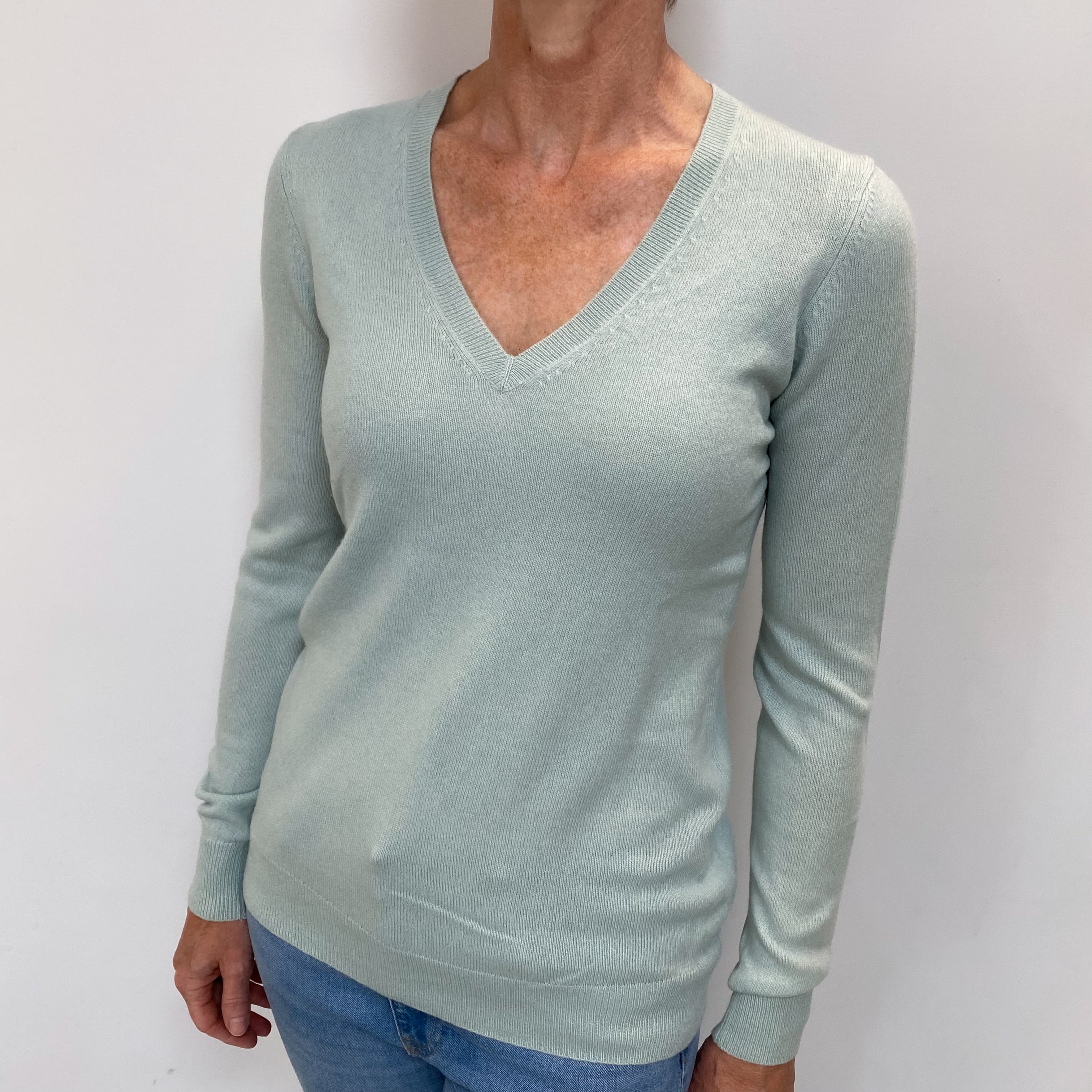 Opal Green Cashmere V Neck Jumper Small