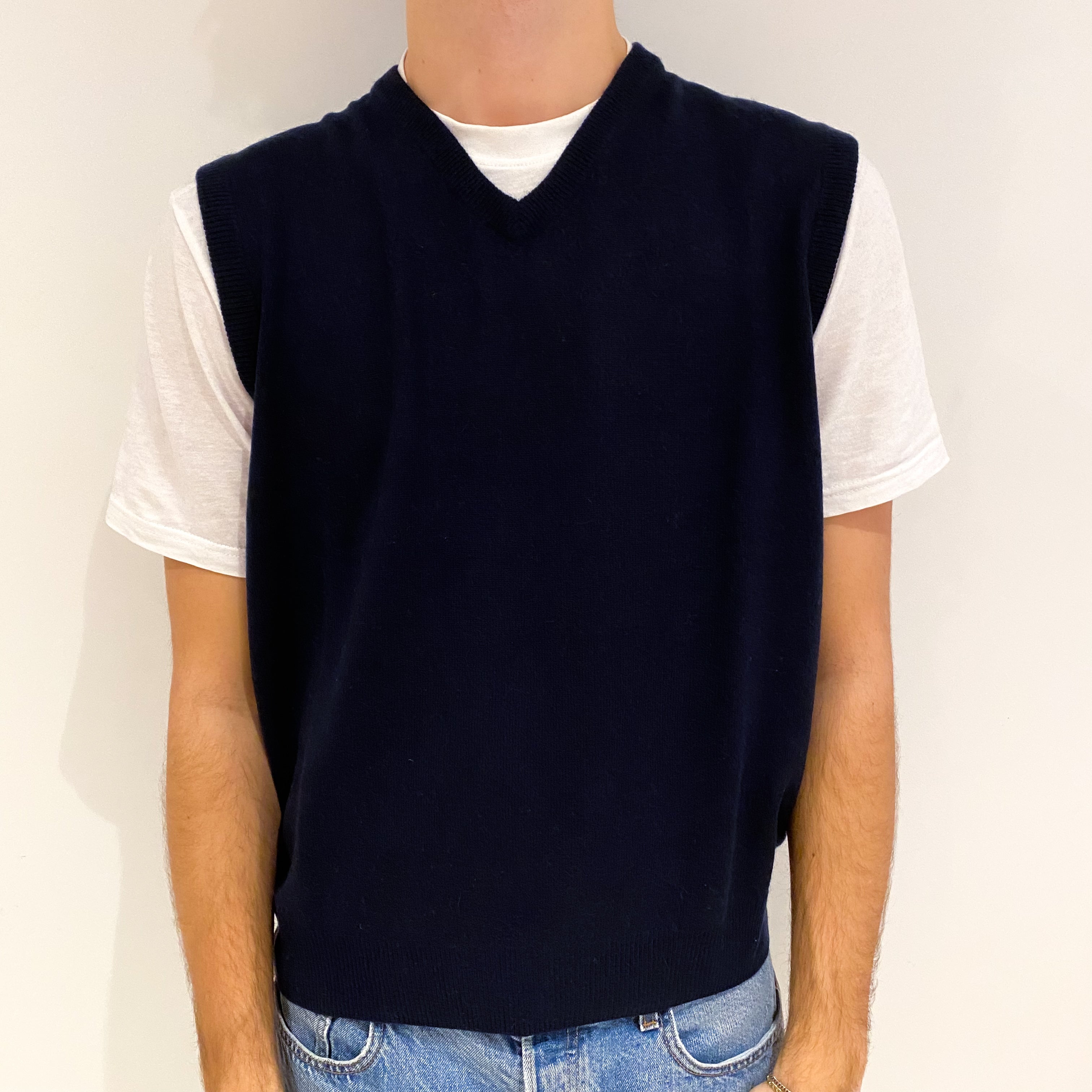Men's Navy Blue Cashmere V Neck Tank Top Large