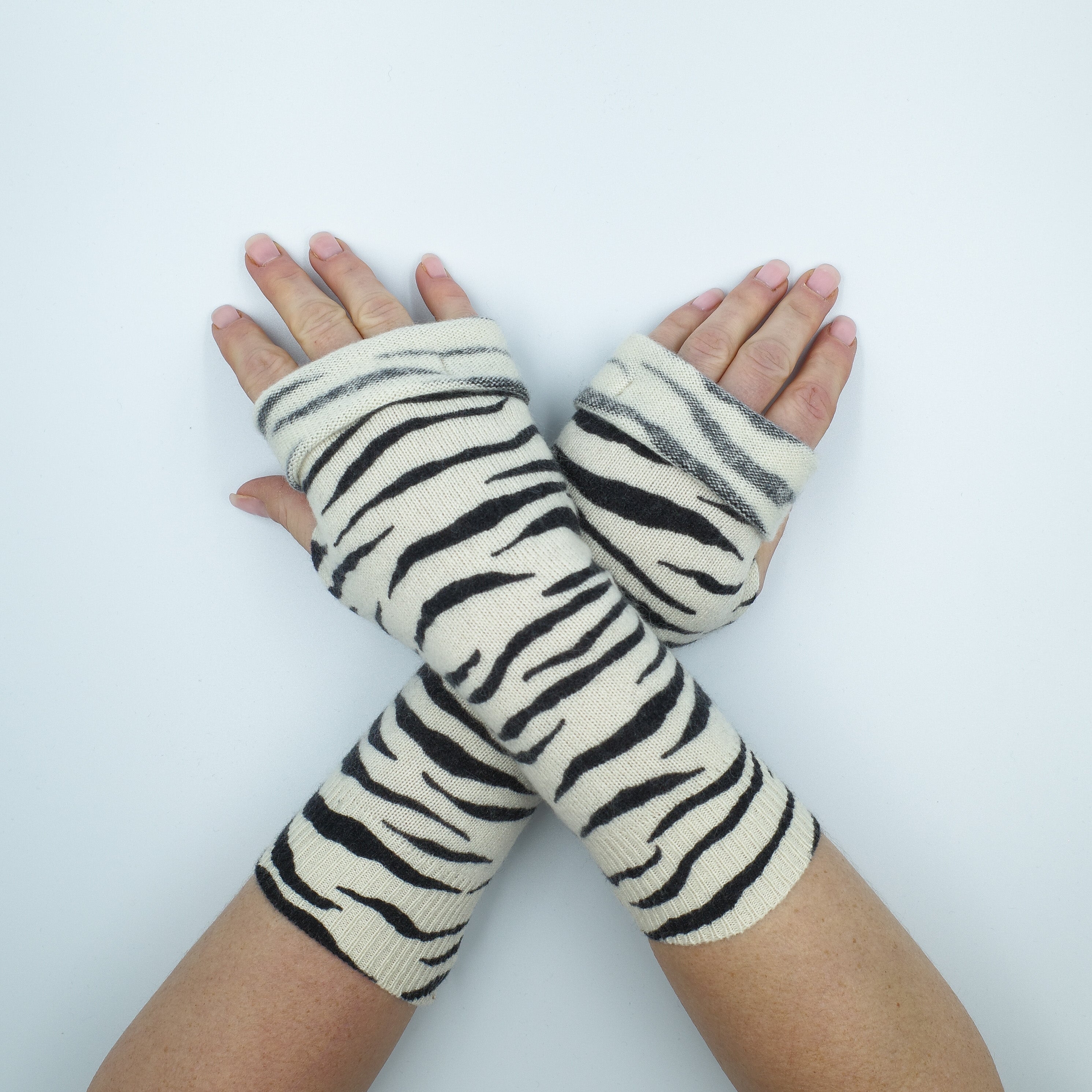 Cream and Black Zebra Striped Fingerless Gloves