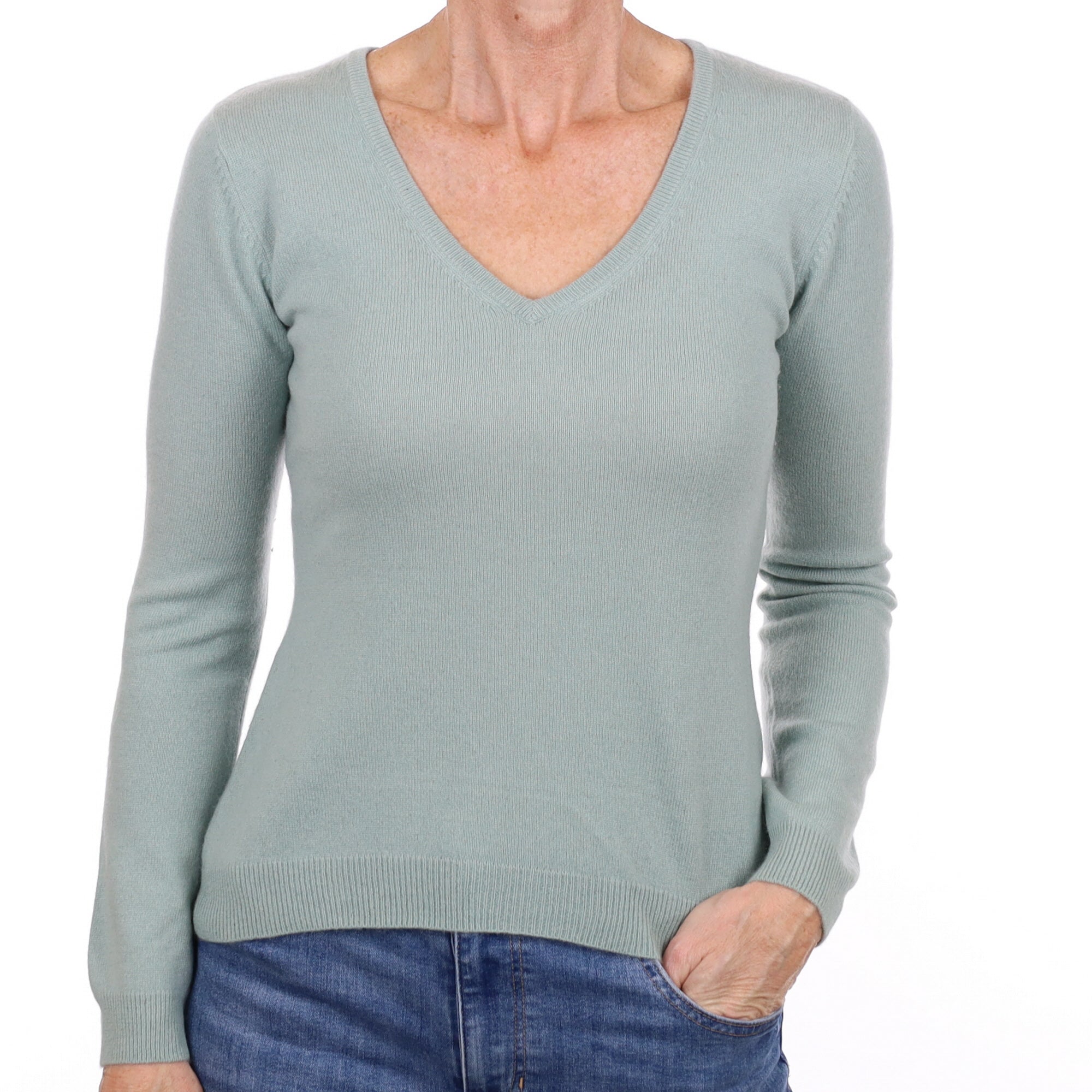 Duck Egg Green Cashmere V Neck Jumper Small