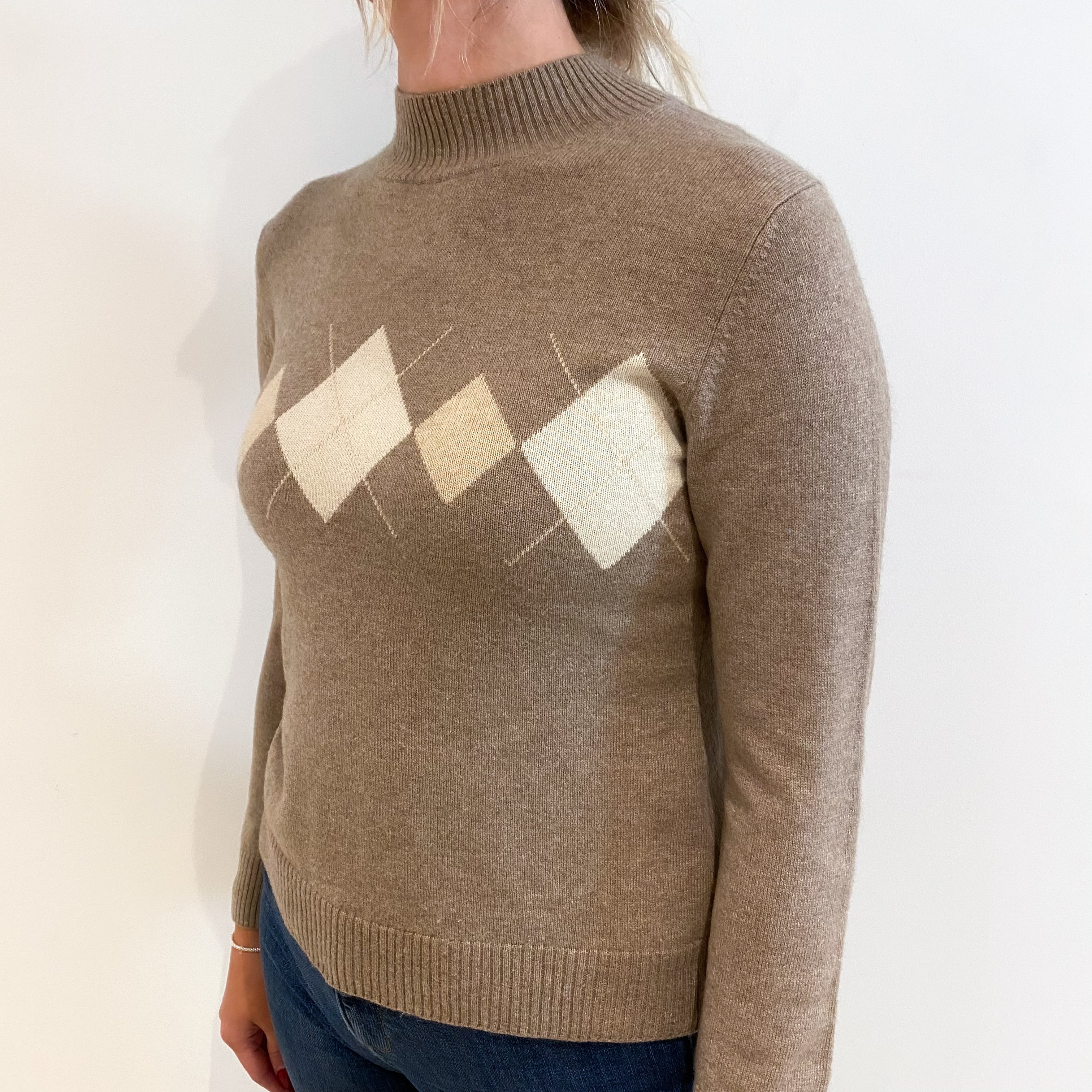 Taupe Brown Cream Diamond Cashmere Turtle Neck Jumper Small
