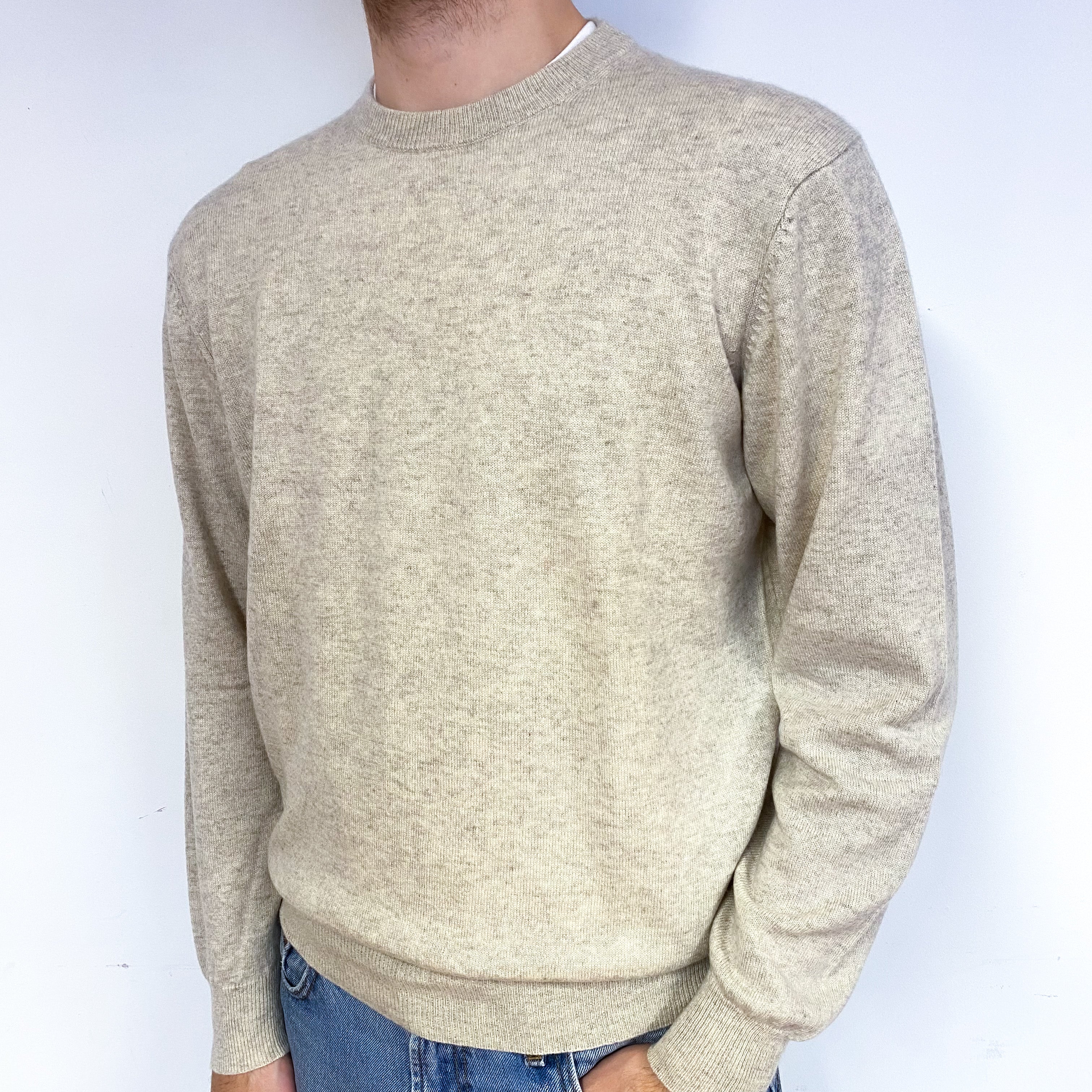 Men's Pale Fawn Cashmere Crew Neck Jumper Medium