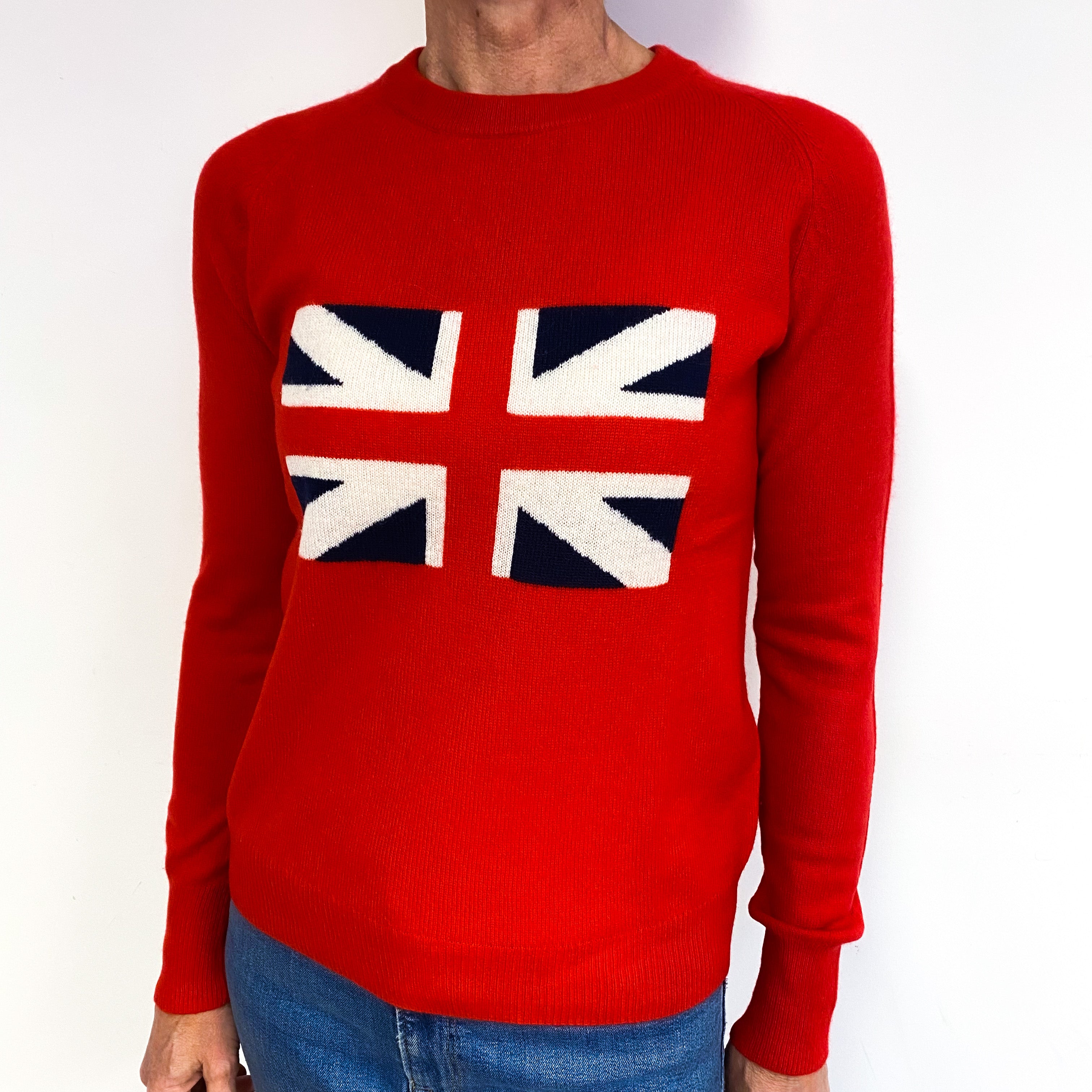 Scarlet Red Union Jack Cashmere Crew Neck Jumper Medium