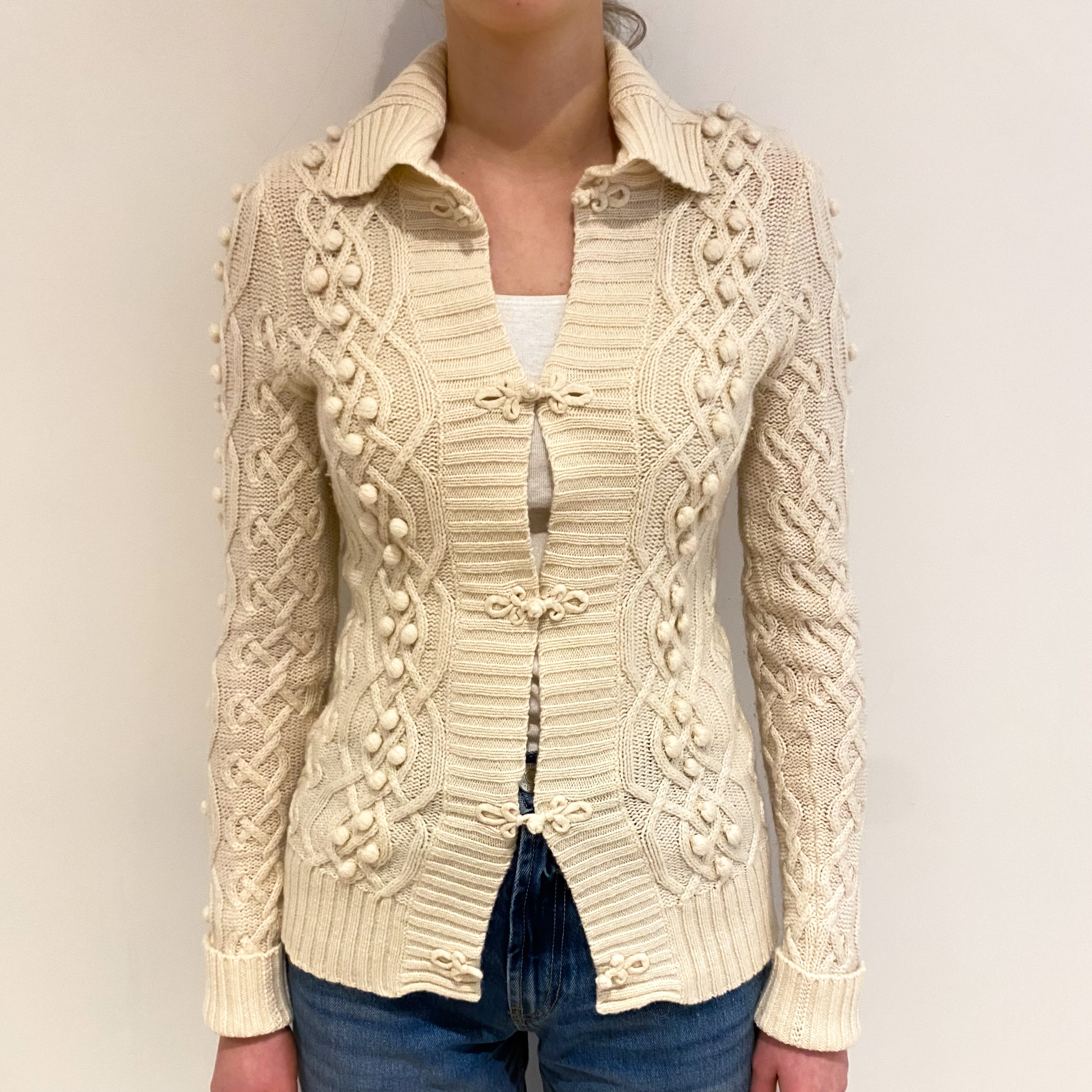 Ivory Textured Knit Cashmere Collared Cardigan Extra Small