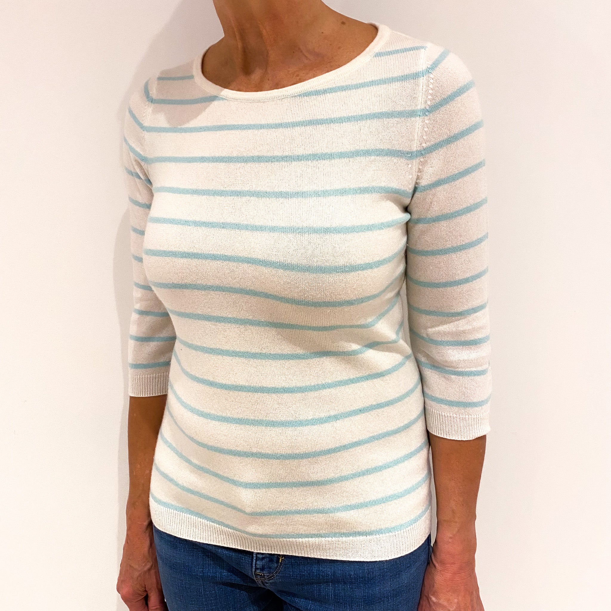 Cream and Aqua Stripe Cashmere Crew Neck Jumper Medium