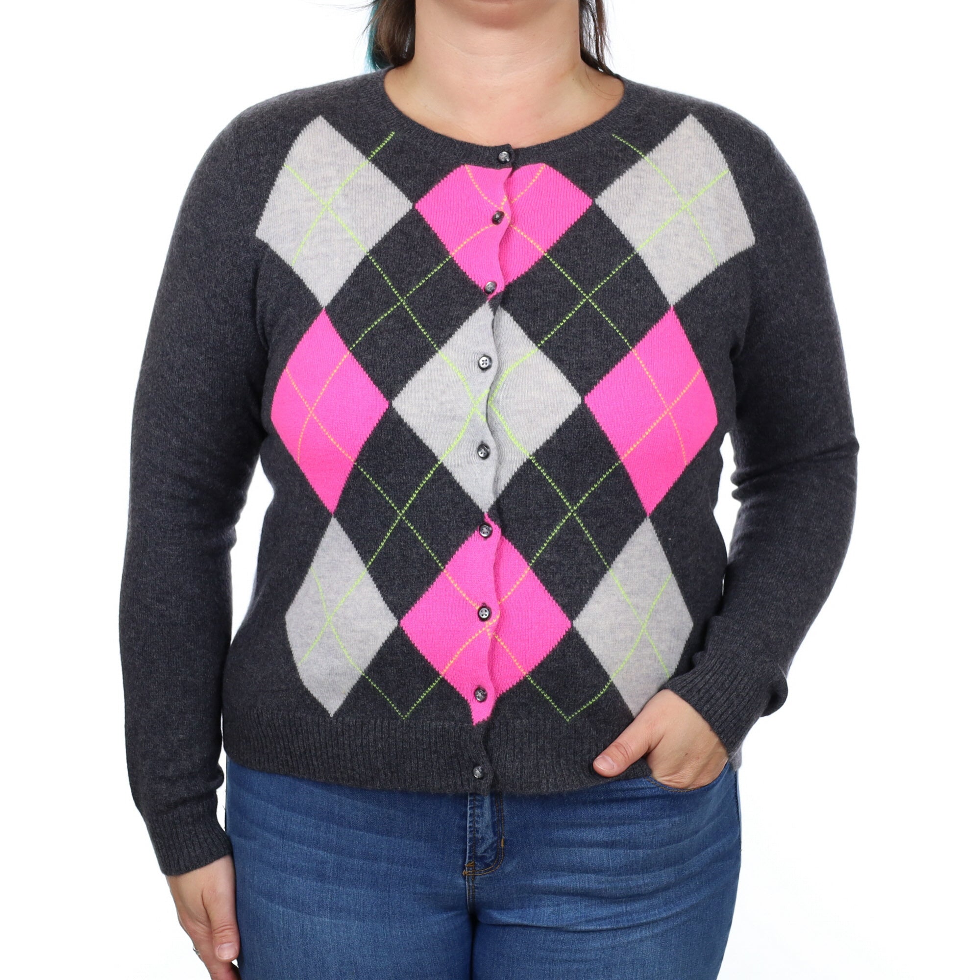 Slate Grey Argyle Cashmere Cardigan Large