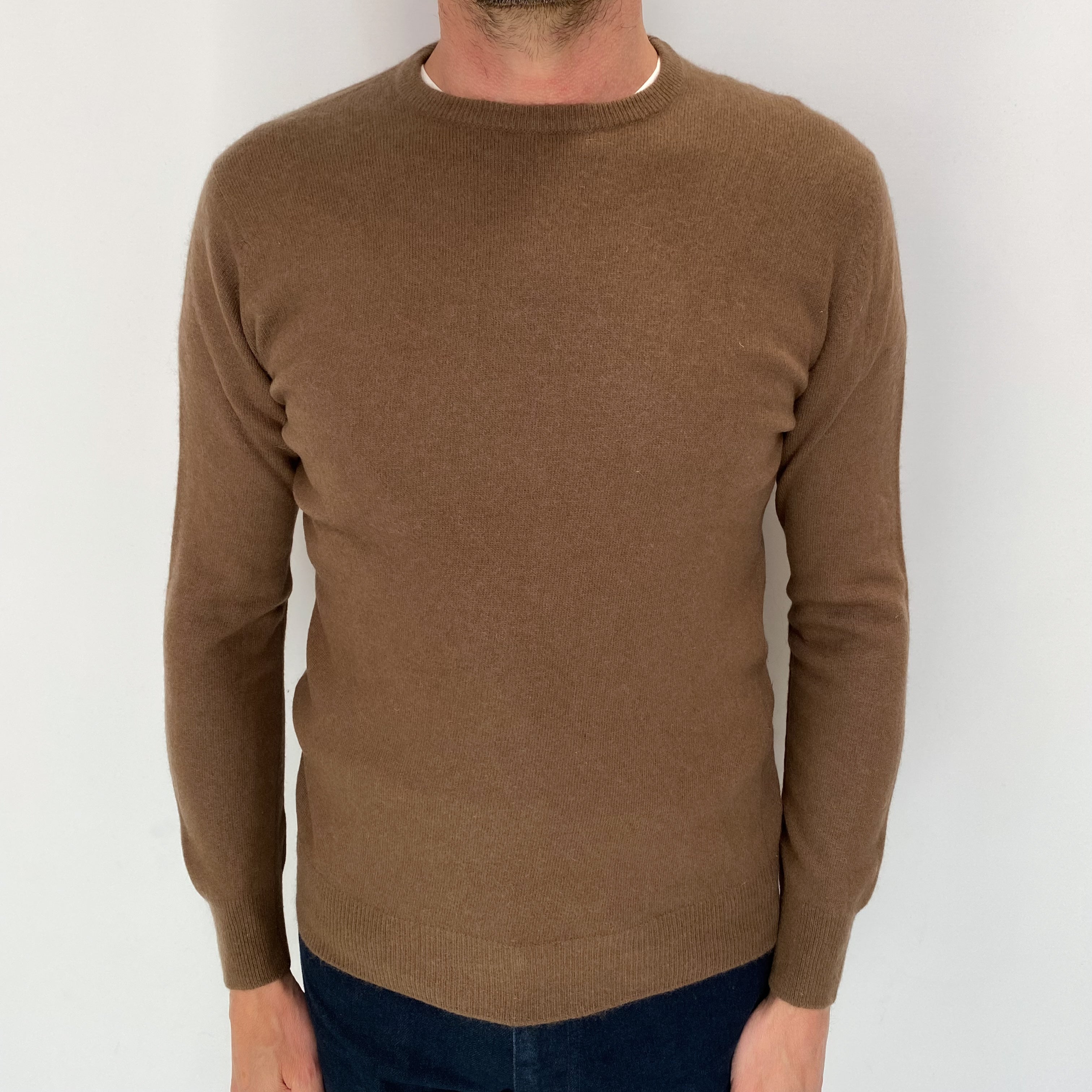 Men's Walnut Brown Cashmere Crew Neck Jumper Extra Small
