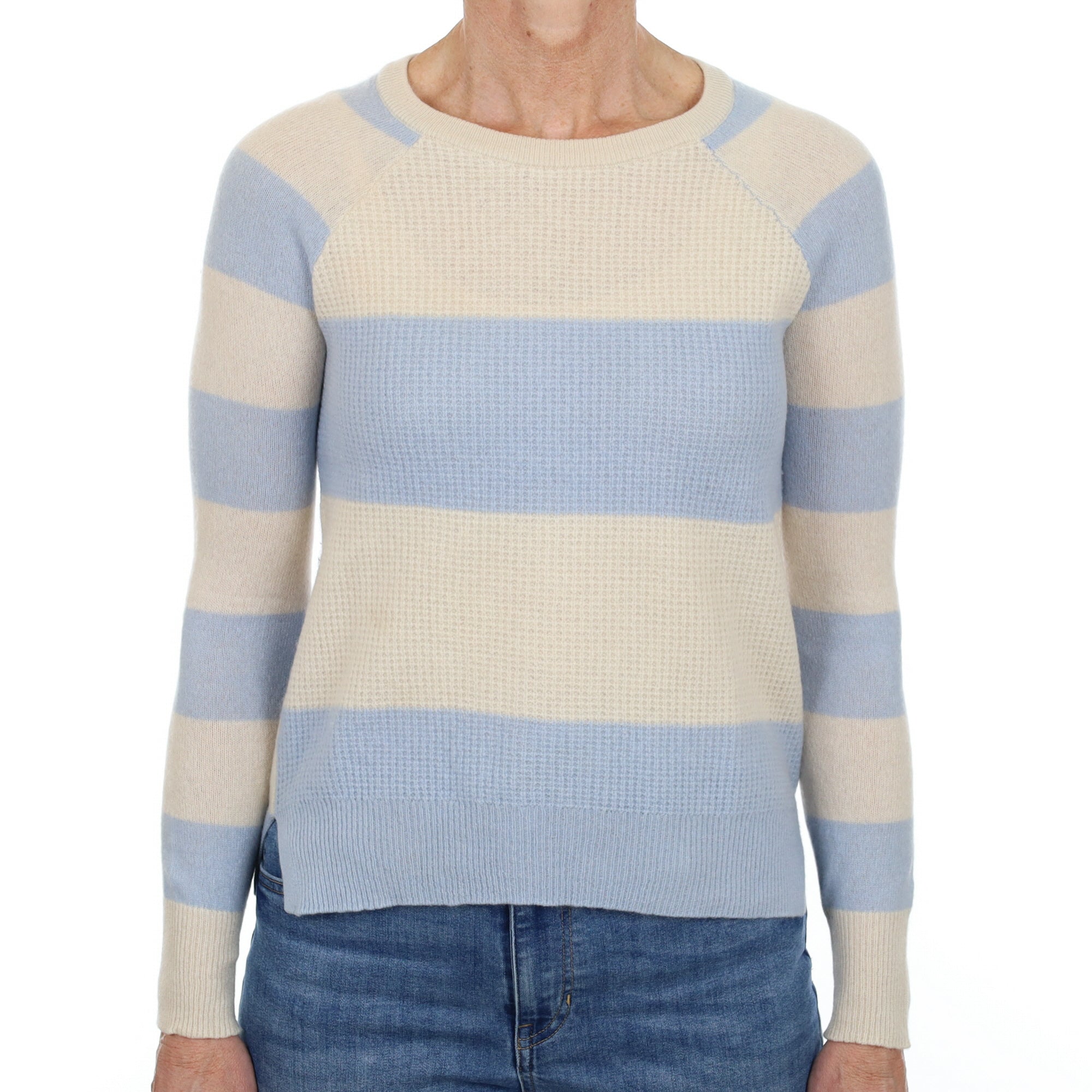 Sky Blue Striped Cashmere Crew Neck Waffle Knit Jumper Small