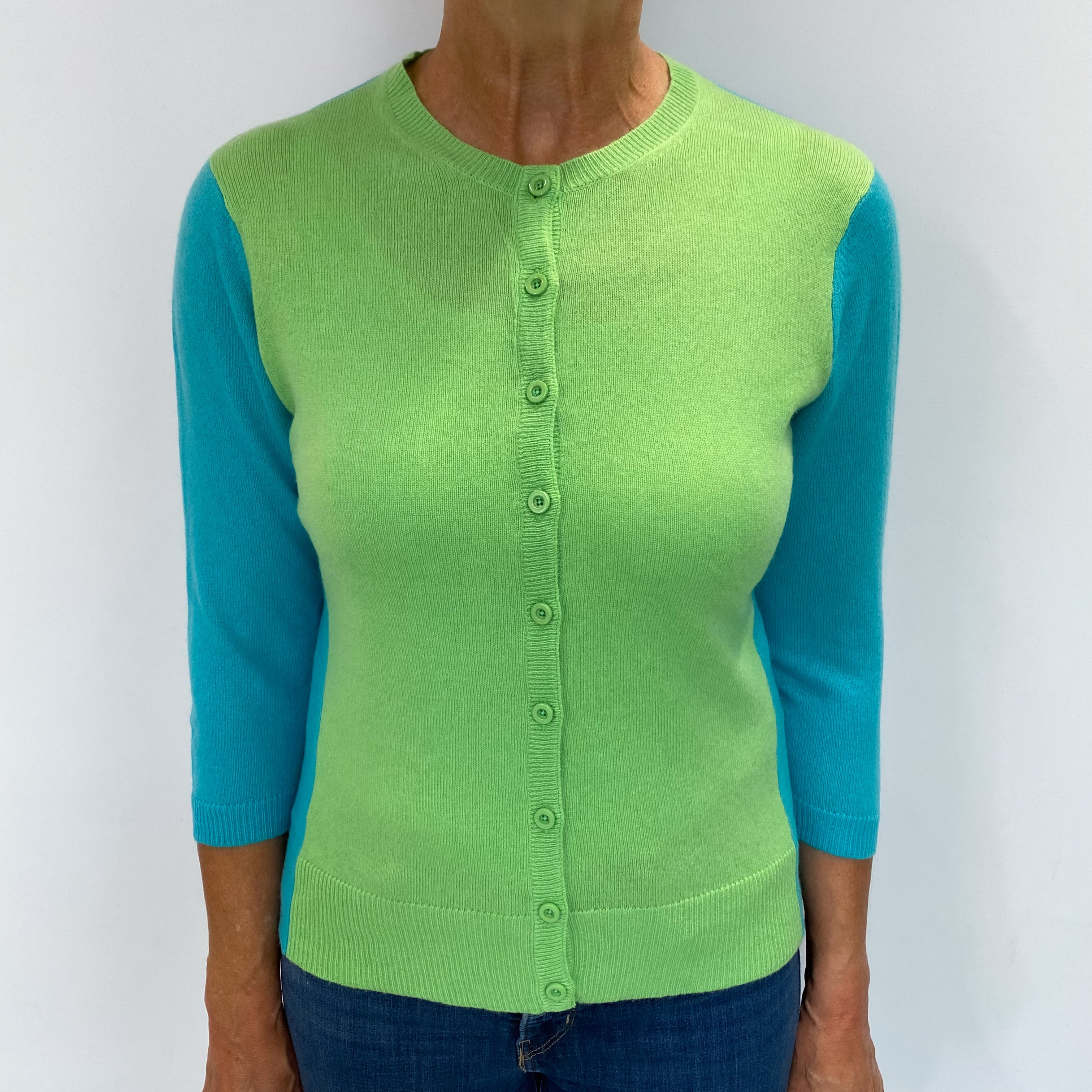 Spring Green Colour Block Cashmere Crew Neck Cardigan Medium