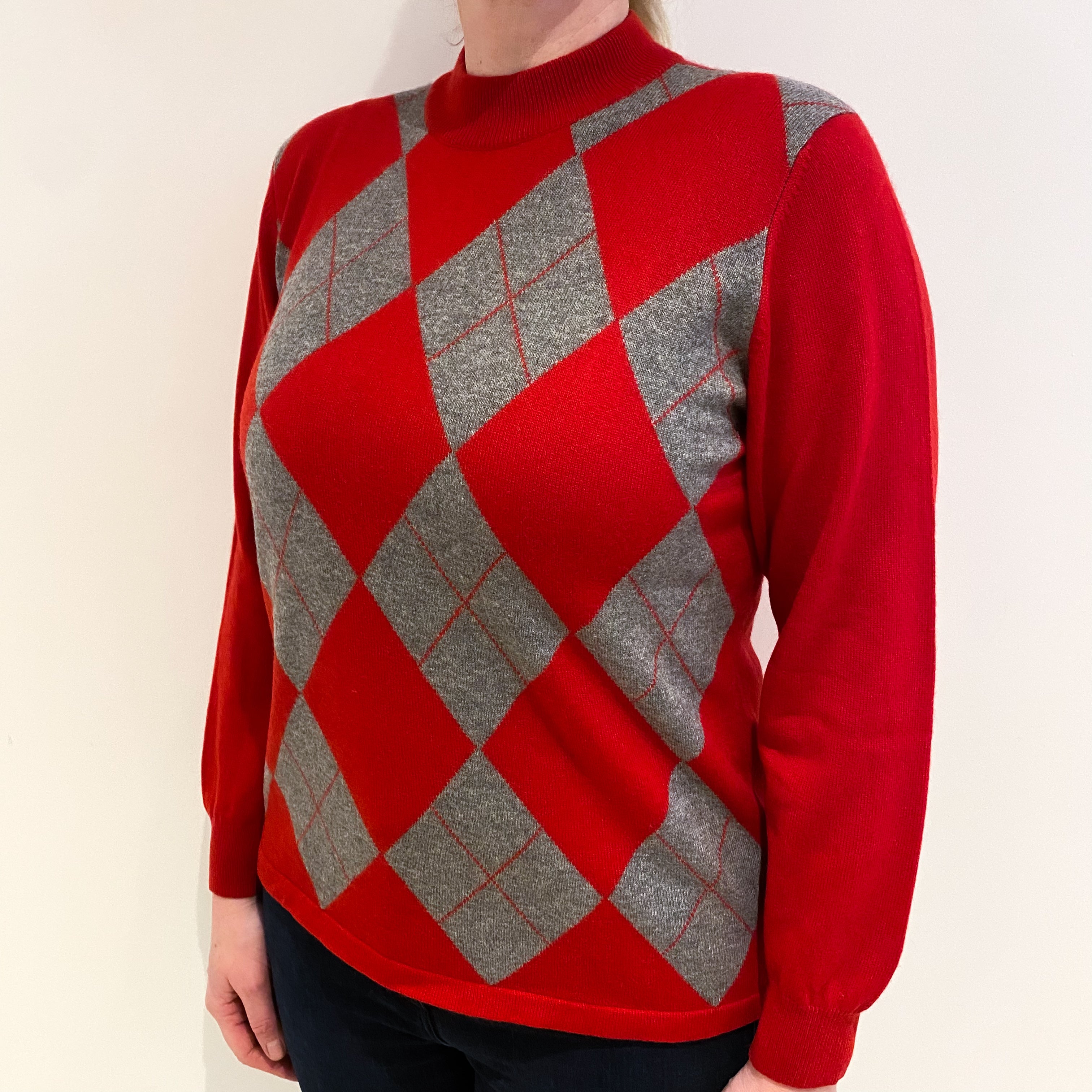 Scarlet Red and Grey Argyle Pattern Cashmere Turtle Neck Jumper Large
