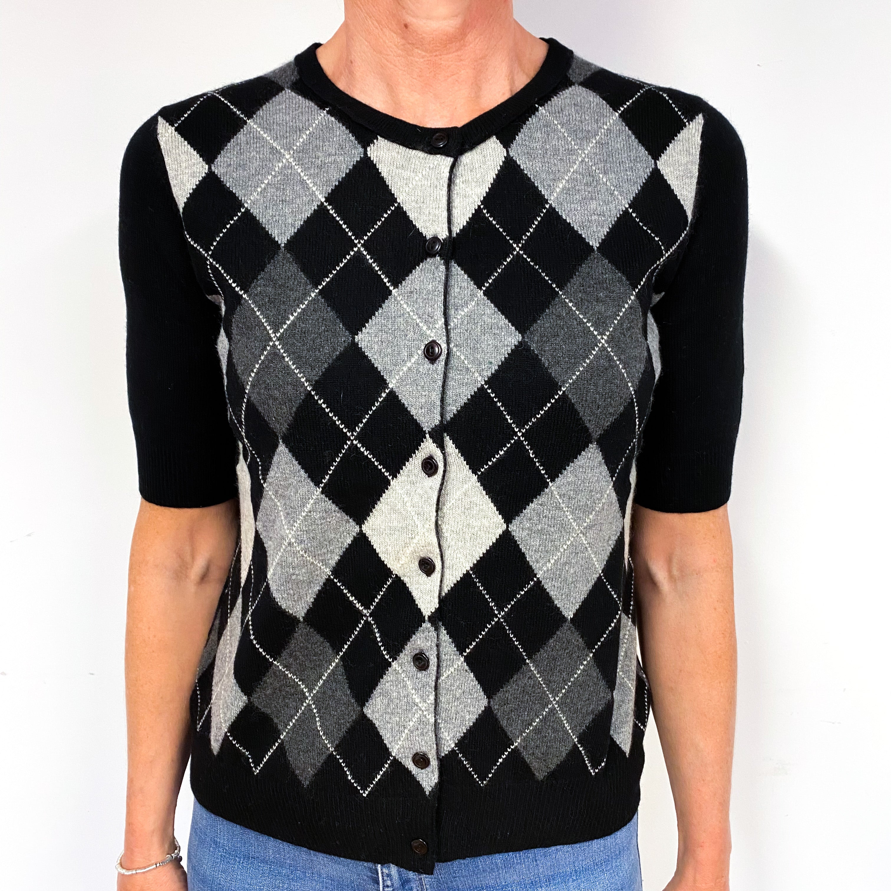 Black Grey Argyle Cashmere Short Sleeve Cardigan Medium