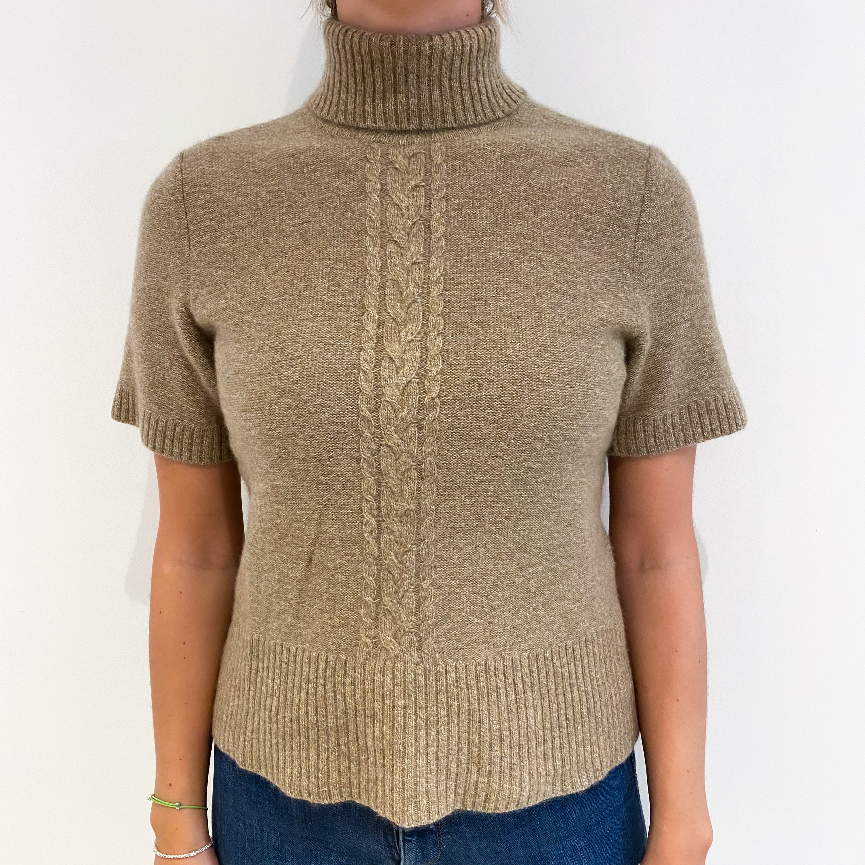 Truffle Brown Marl Cashmere Polo Neck Short Sleeved Jumper Small