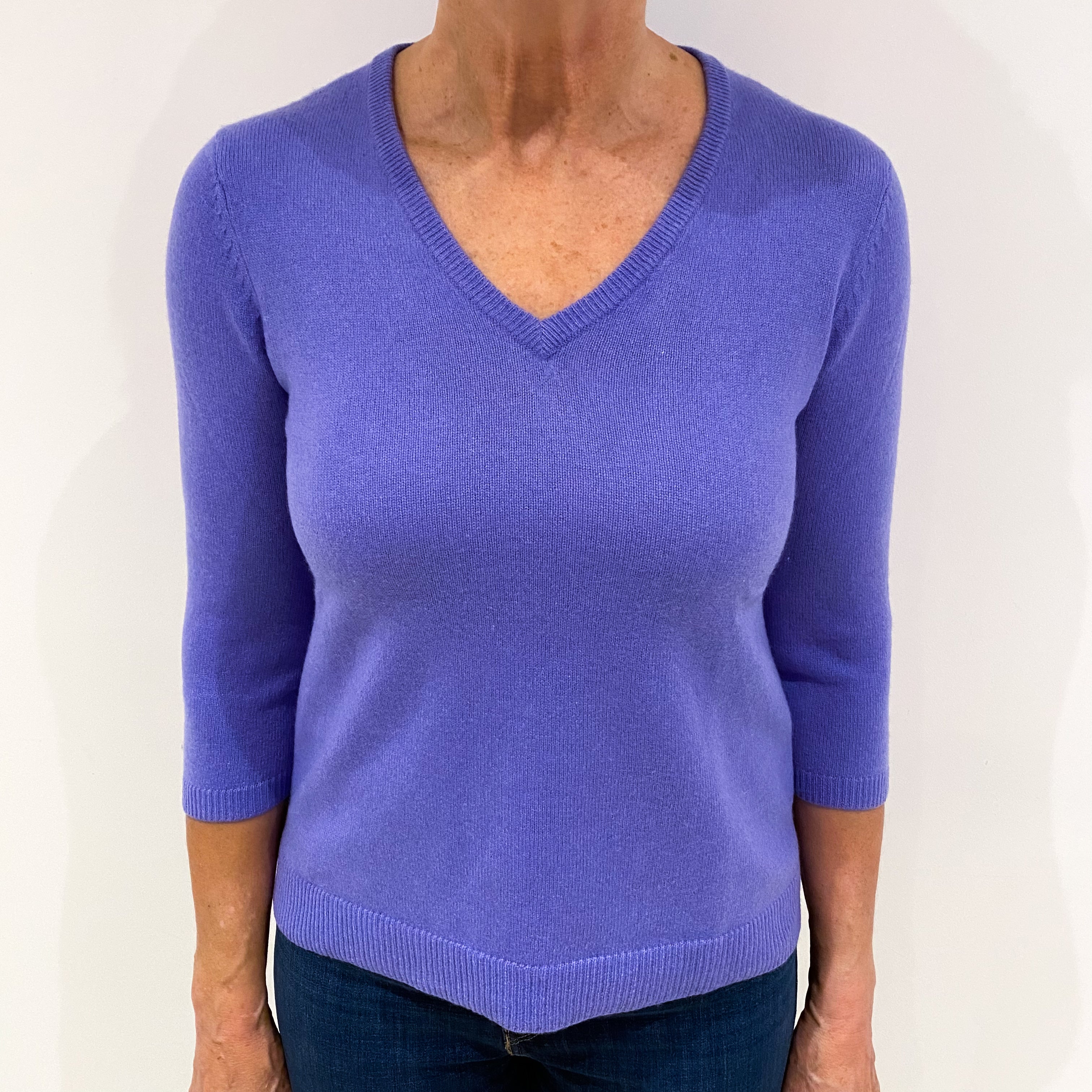 Bluebell Purple 3/4 Sleeve Cashmere V Neck Jumper Medium