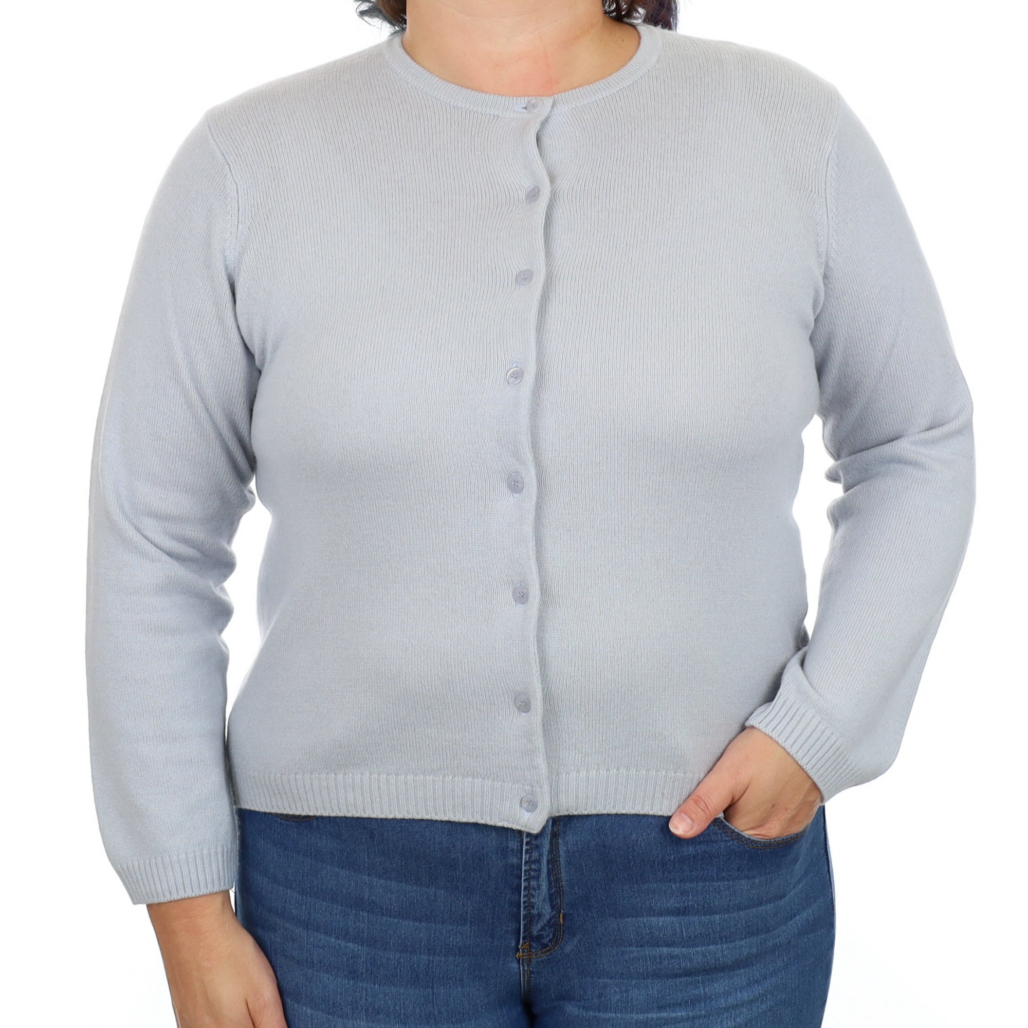 Pale Dusky Blue Cashmere Crew Neck Cardigan Large