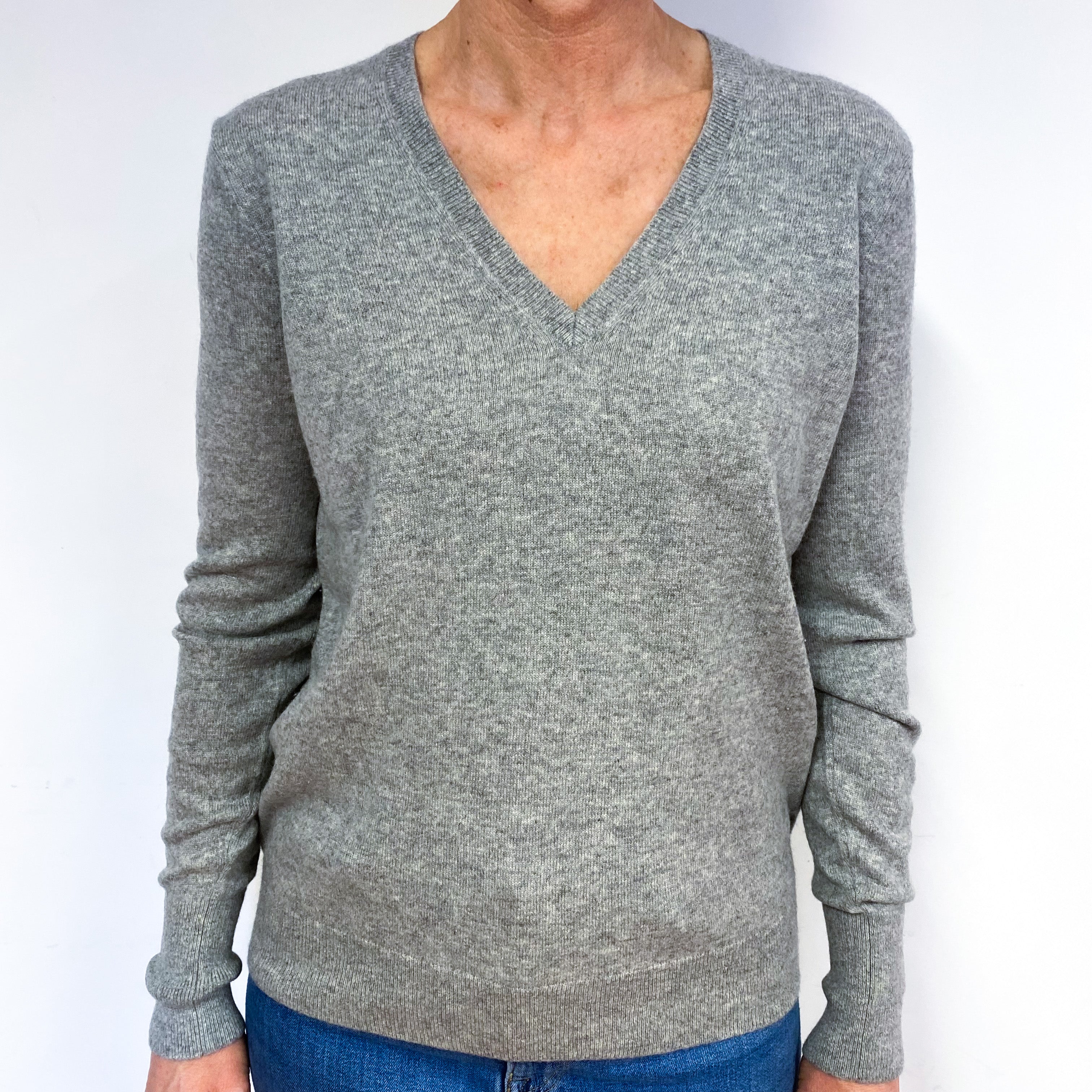 Ash Grey Cashmere V-Neck Jumper Medium