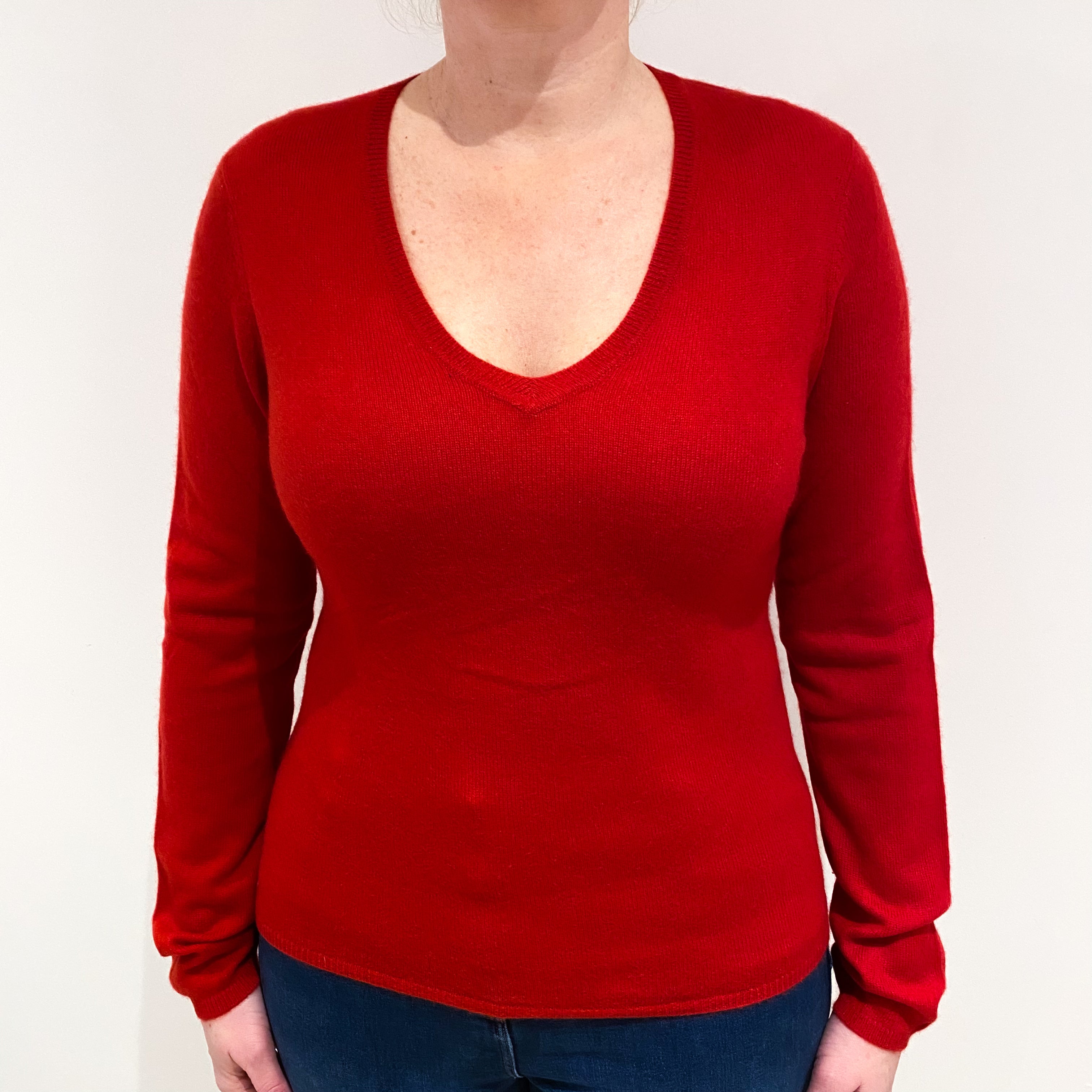 Red Slim Cashmere V Neck Jumper Large