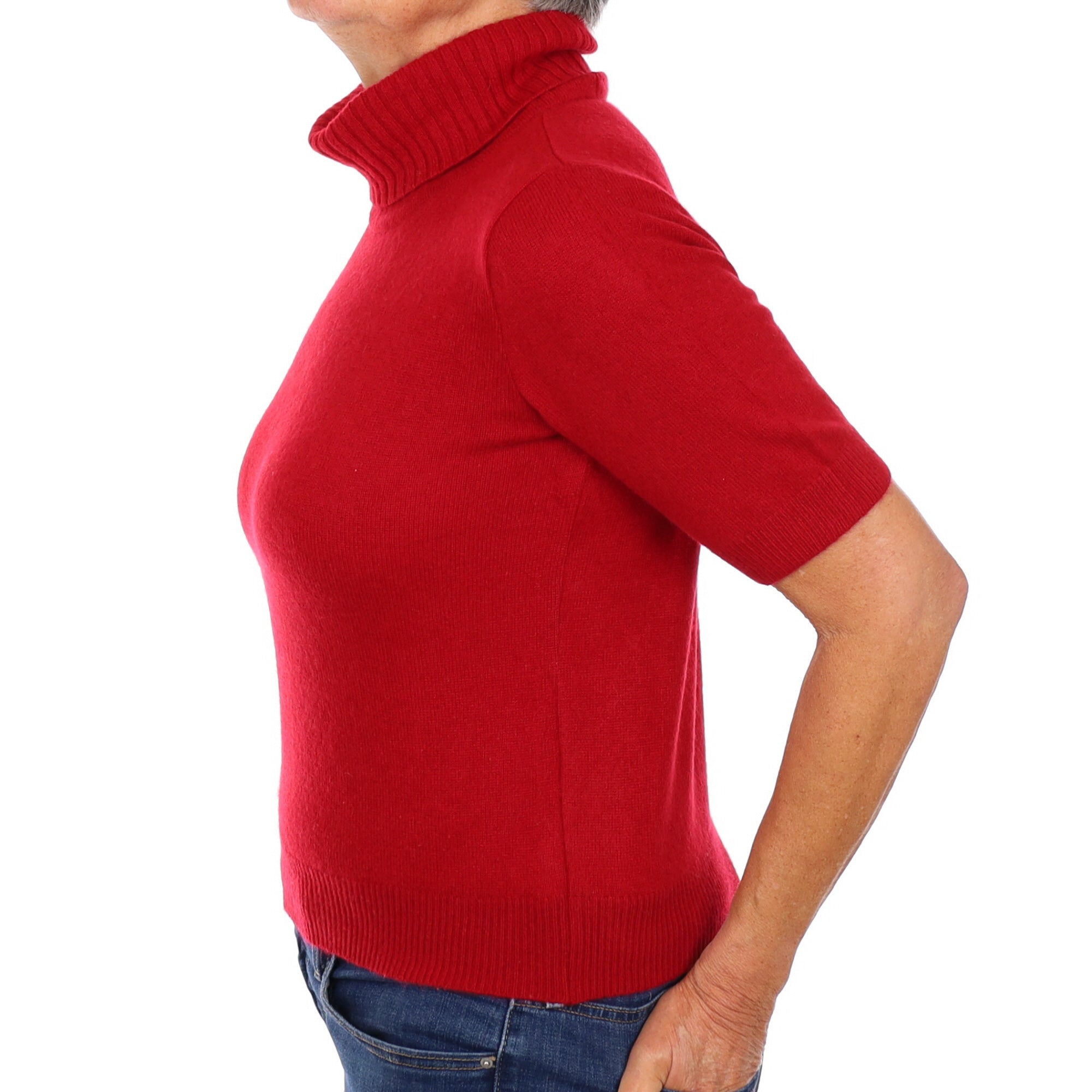 Crimson Red Cashmere Short Sleeve Polo Neck Medium
