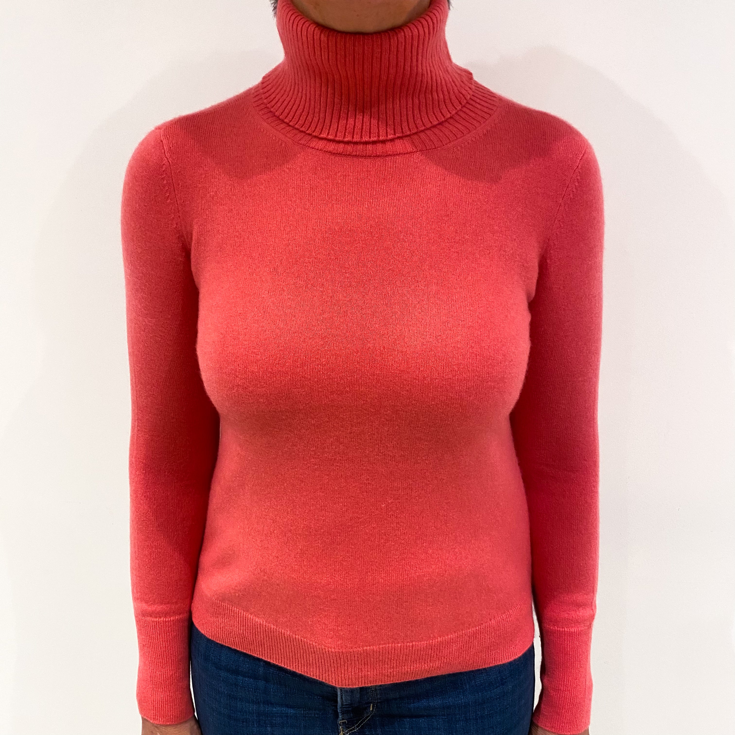 Deep Coral Pink Cashmere Polo Neck Jumper Medium