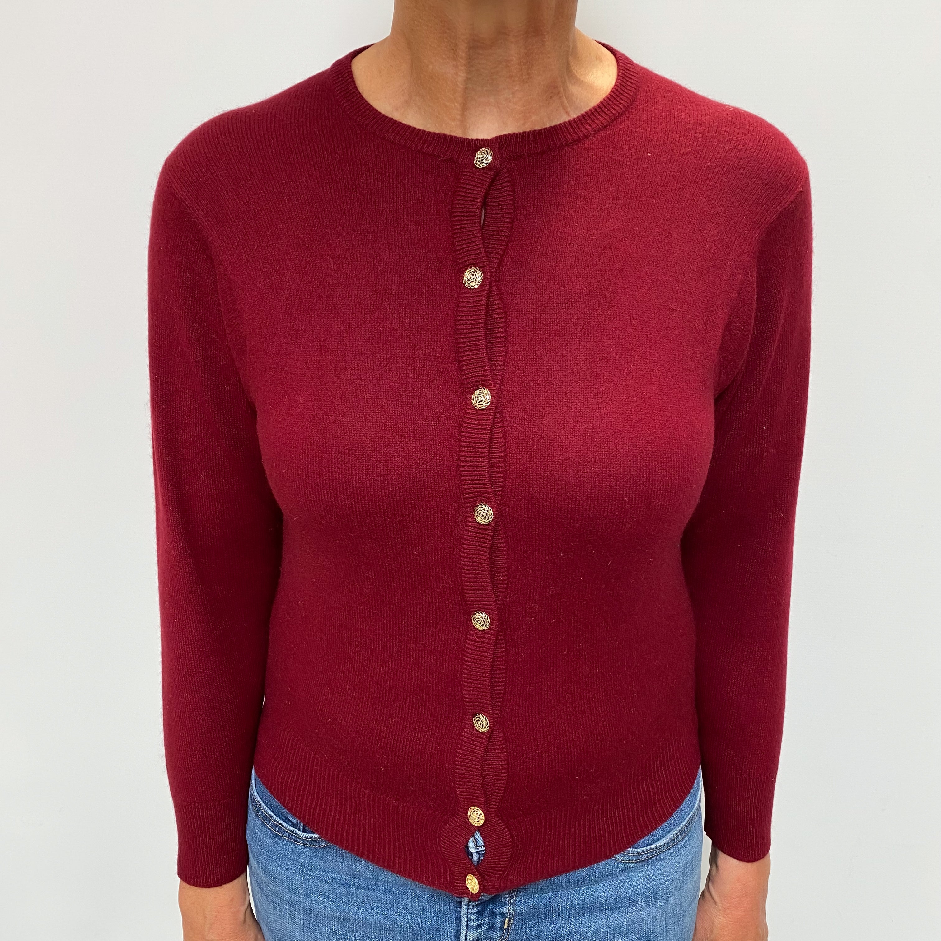 Vintage Burgundy Red Cashmere Crew Neck Cardigan Medium