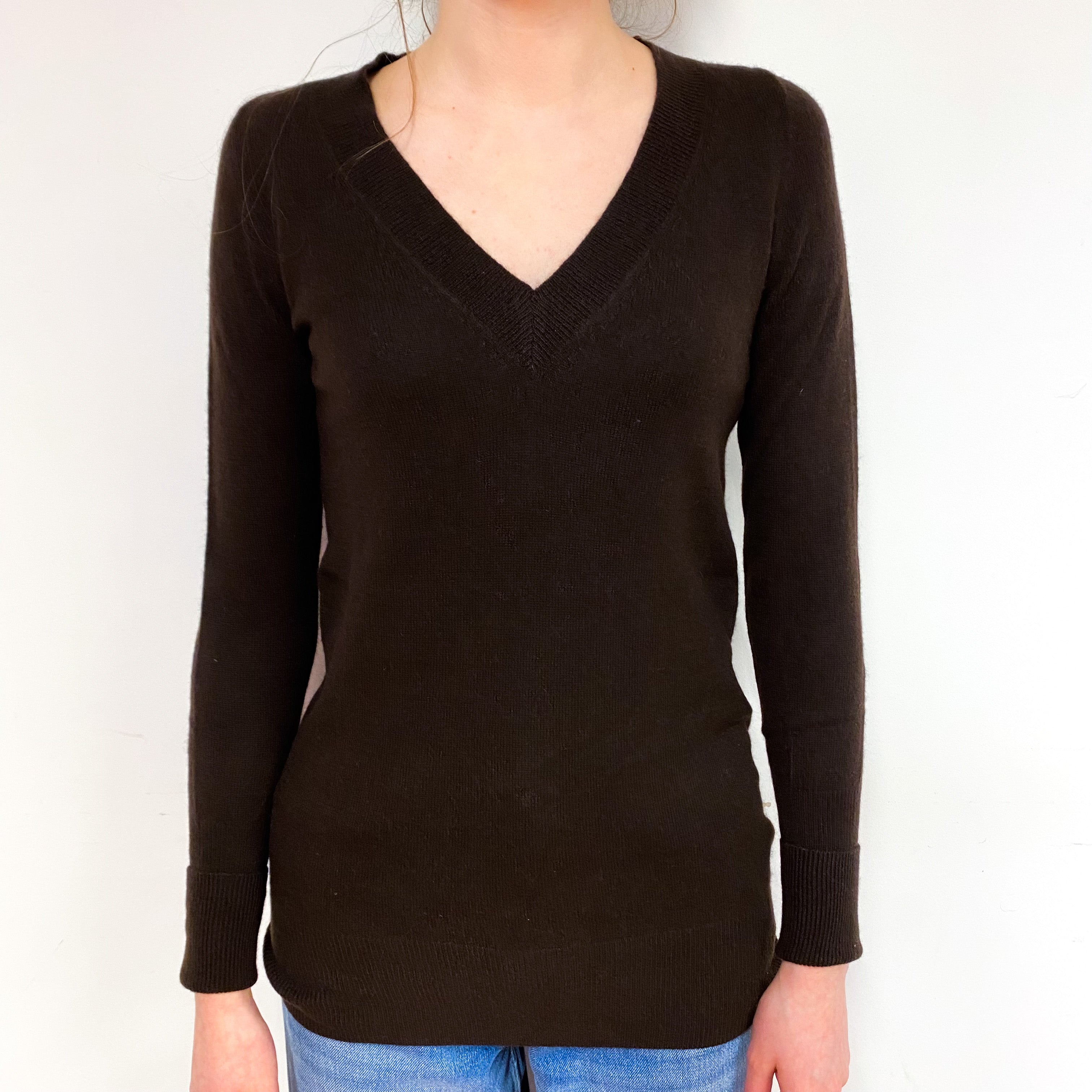 Dark Chocolate Brown Cashmere V-Neck Jumper Extra Small