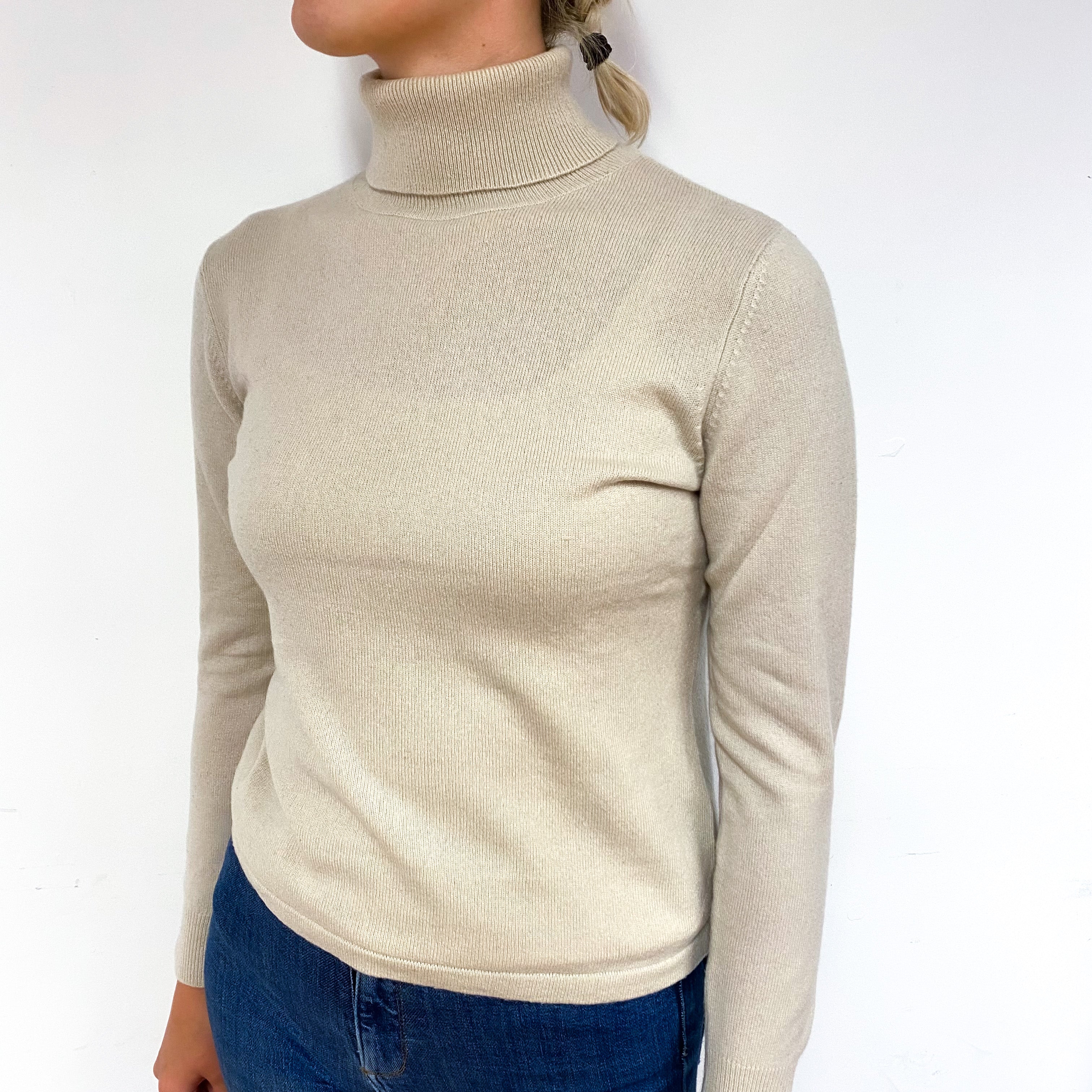 Soft Beige Cashmere Polo Neck Jumper Small