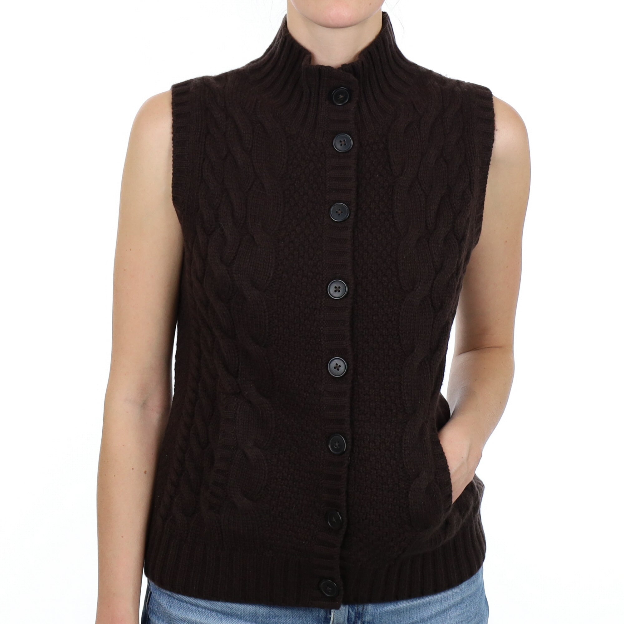 New Peppercorn Brown Cable Cashmere Turtle Neck Gilet Small