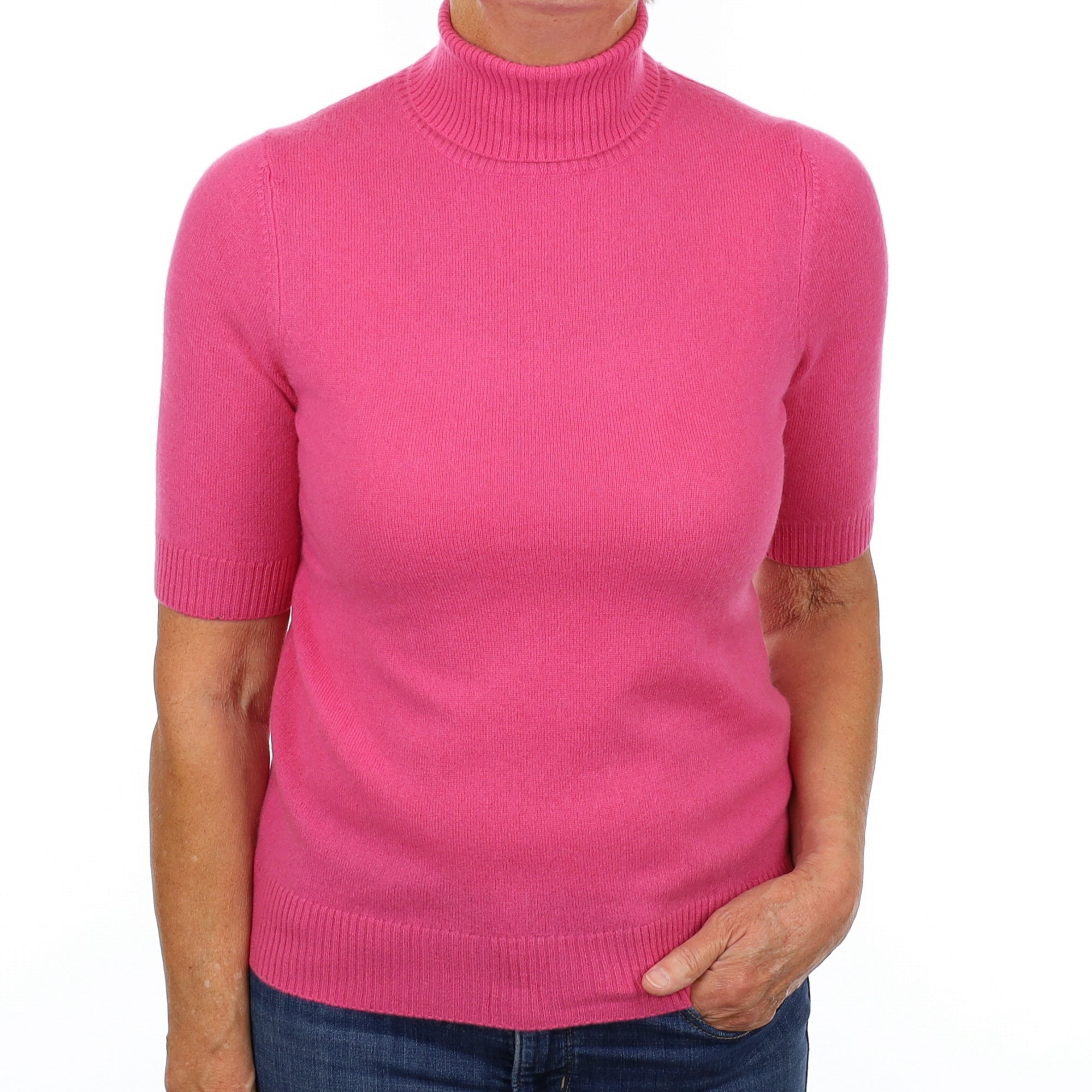 Fuchsia Pink Cashmere Polo Neck Short Sleeved Jumper Medium
