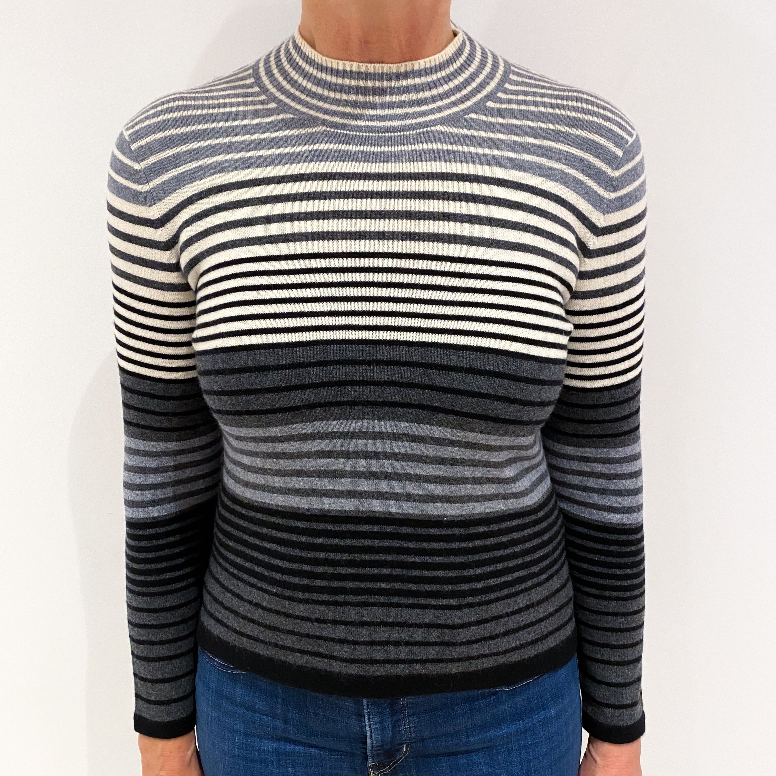 Grey Striped Cashmere Turtle Neck Jumper Medium