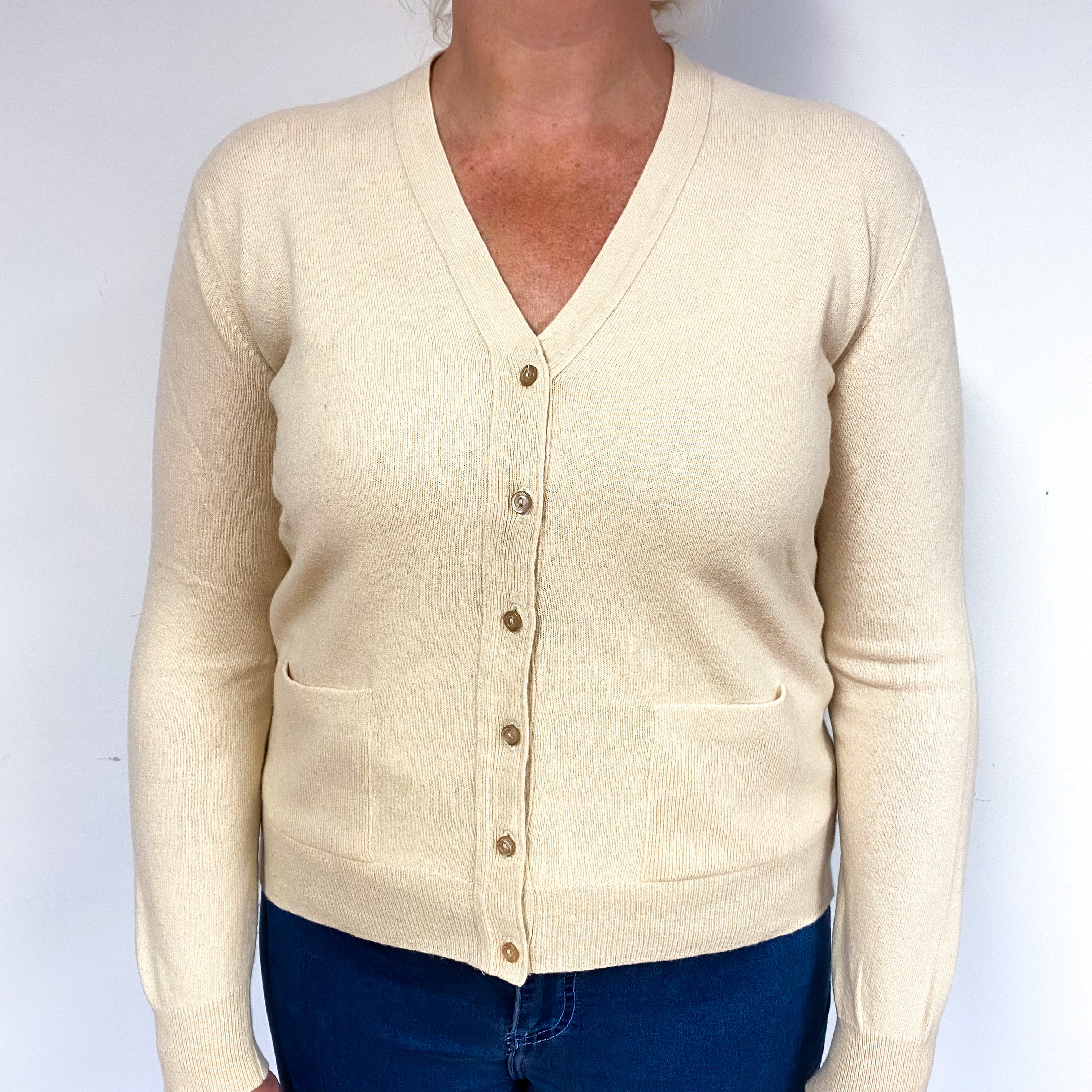 Honey Cream Cashmere V-Neck Cardigan with Pockets Large