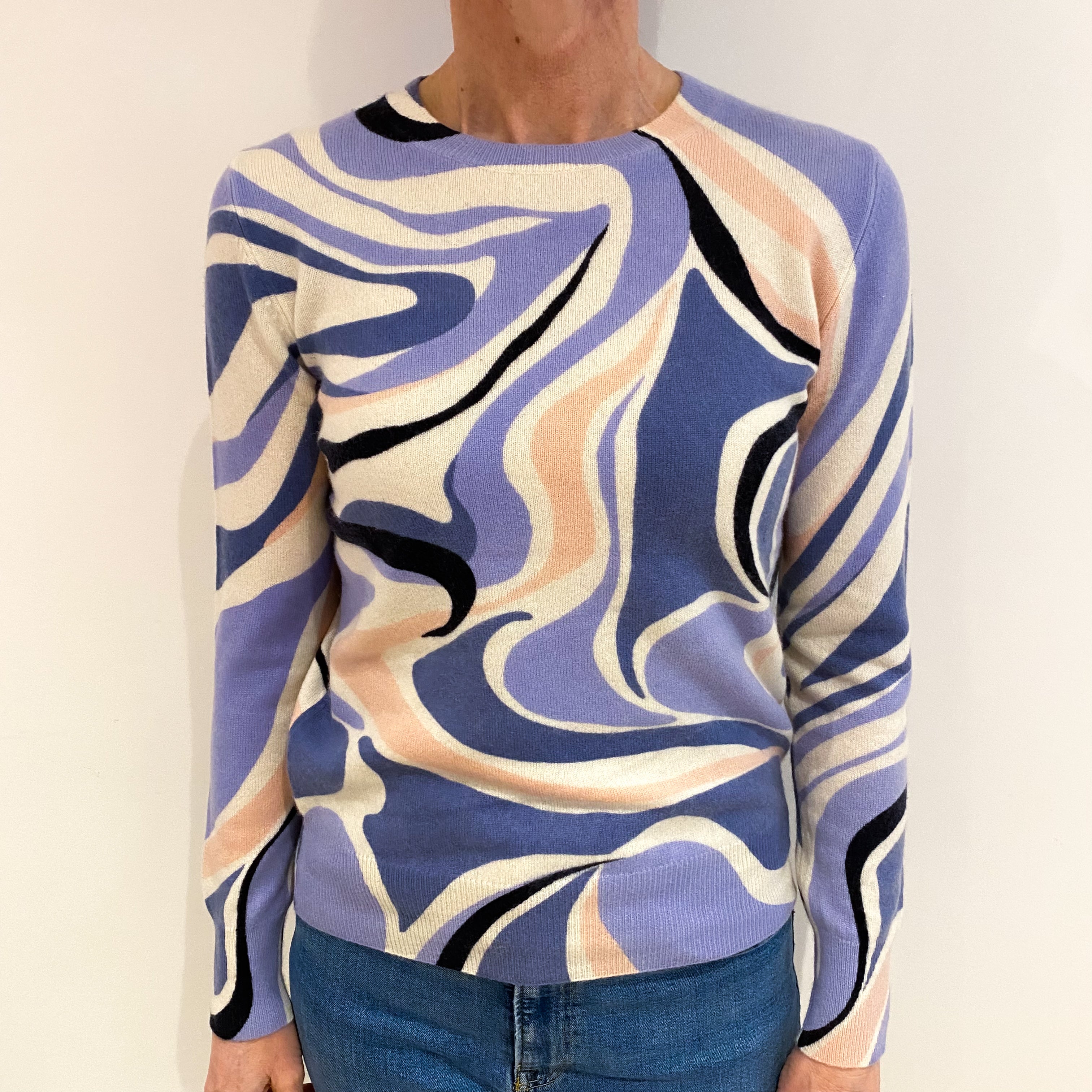 Blue Swirl Patterned Cashmere Crew Neck Jumper Small