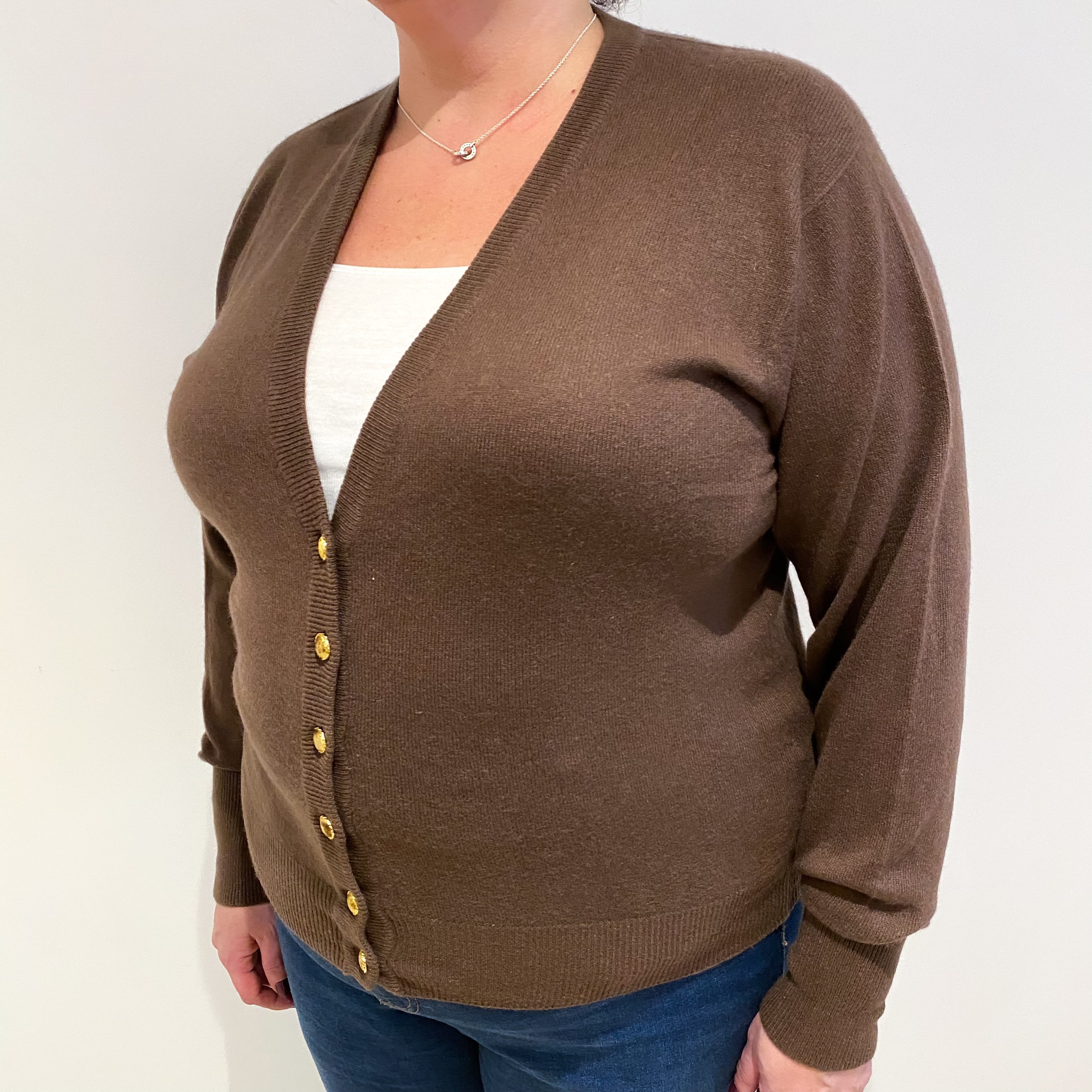 Italian Chocolate Brown Cashmere V Neck Cardigan Extra Large