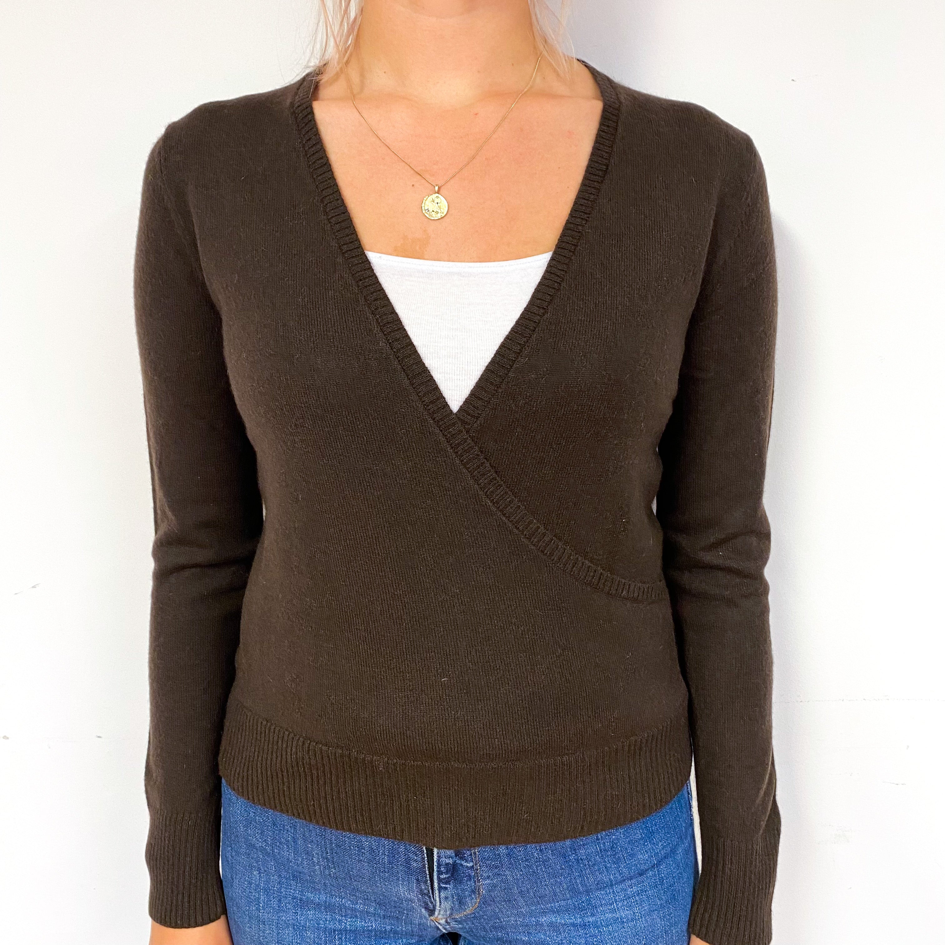 Peppercorn Brown Cashmere Cross Over V-Neck Jumper Small